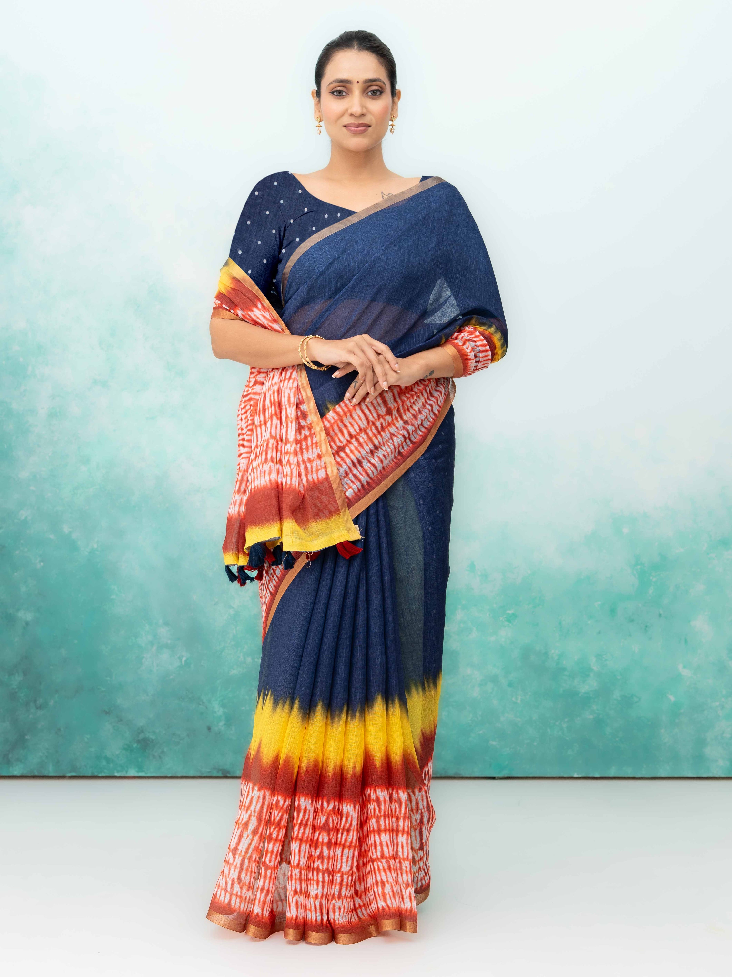 Navy Blue &amp; Multicolor Cotton Saree