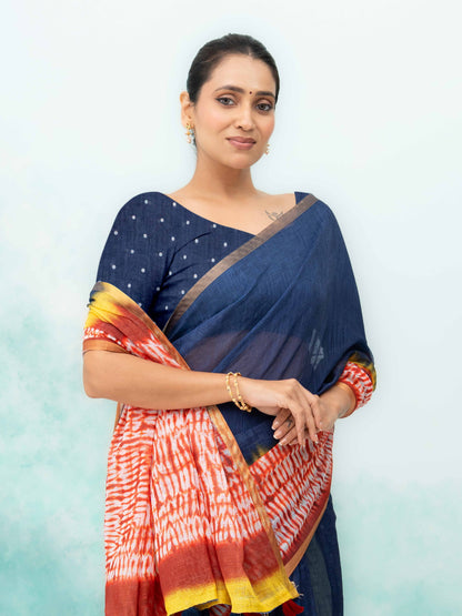 Navy Blue &amp; Multicolor Cotton Saree