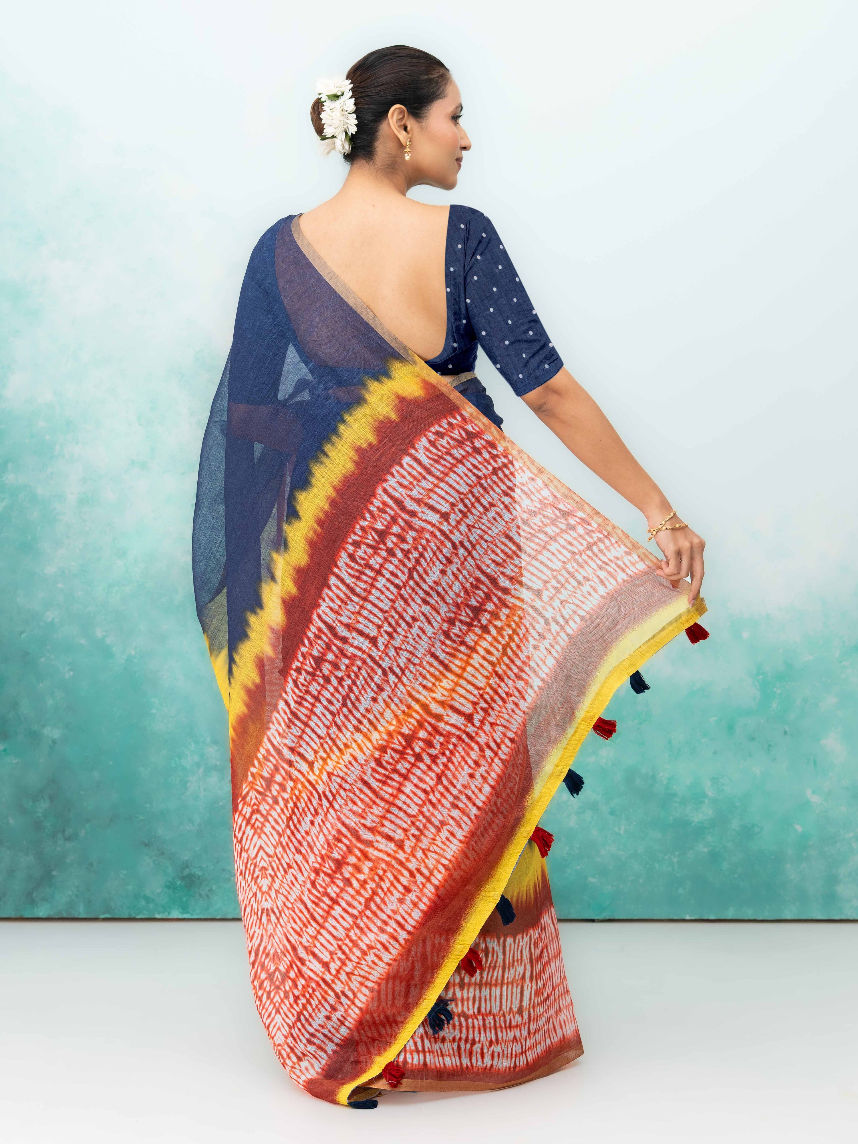 Navy Blue &amp; Multicolor Cotton Saree