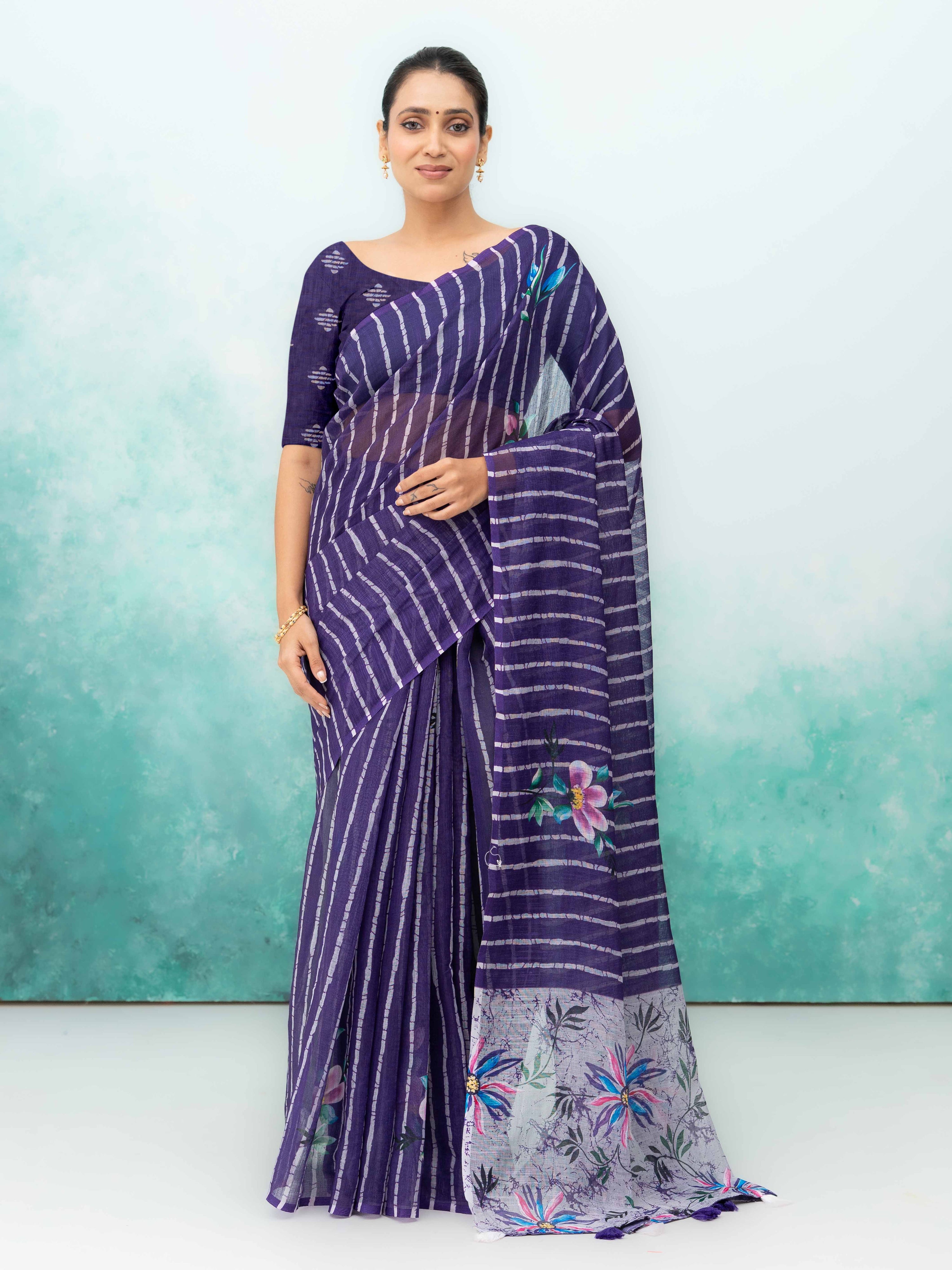 Navy Blue Cotton Linen Saree