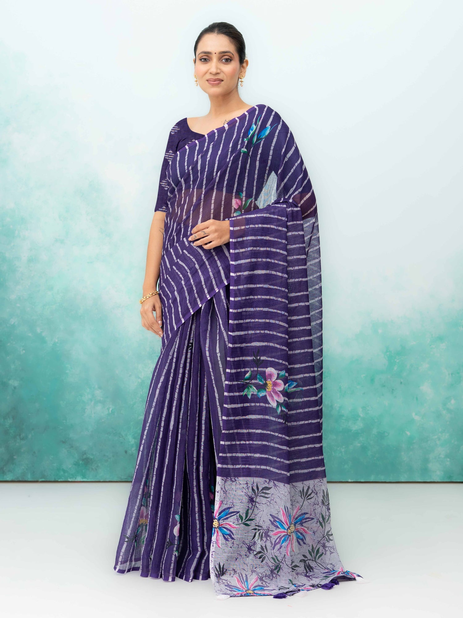 Navy Blue Cotton Linen Saree