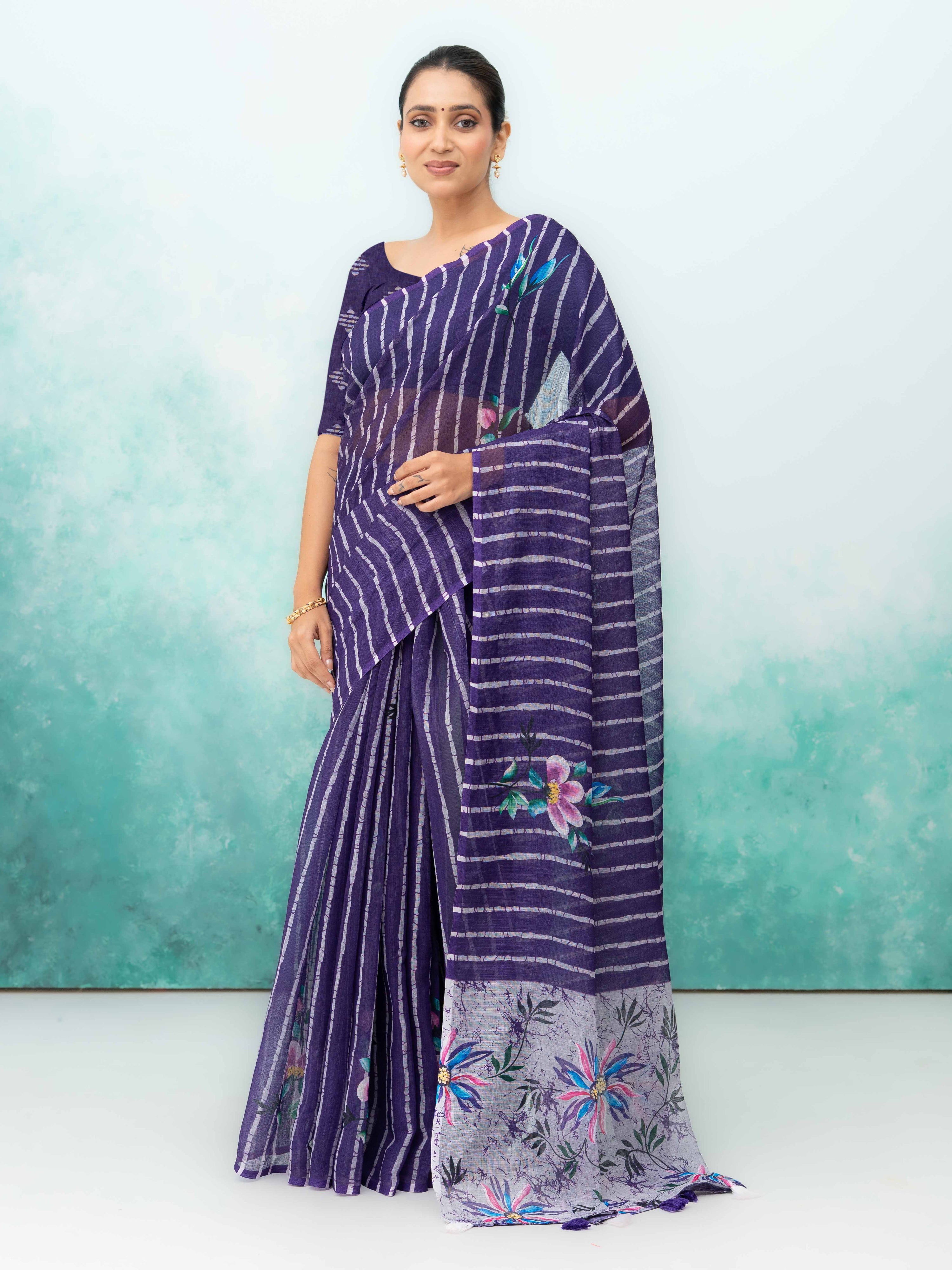 Navy Blue Cotton Linen Saree