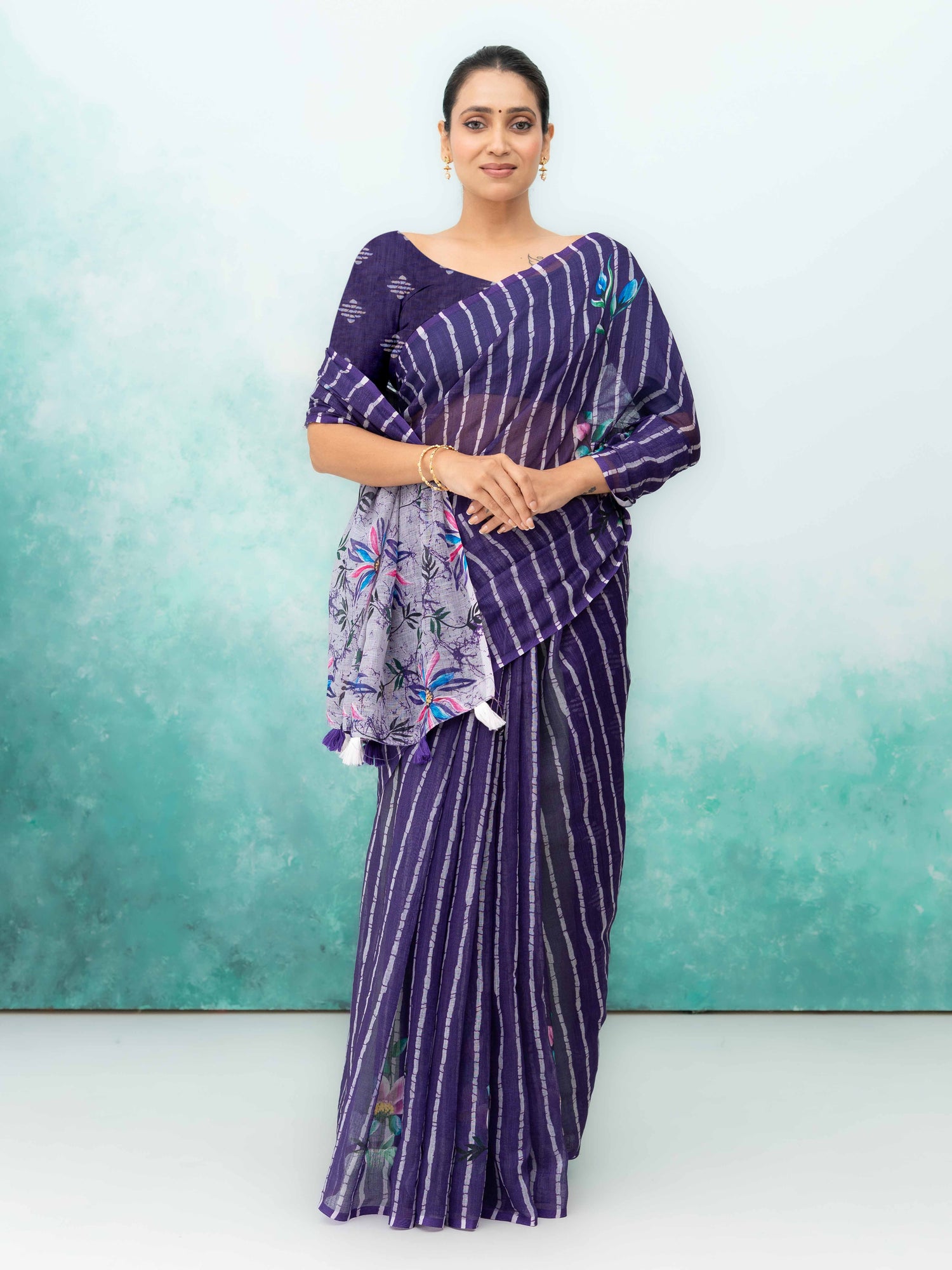 Navy Blue Cotton Linen Saree