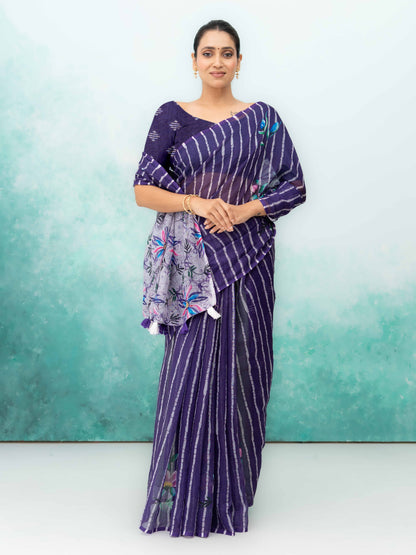Navy Blue Cotton Linen Saree