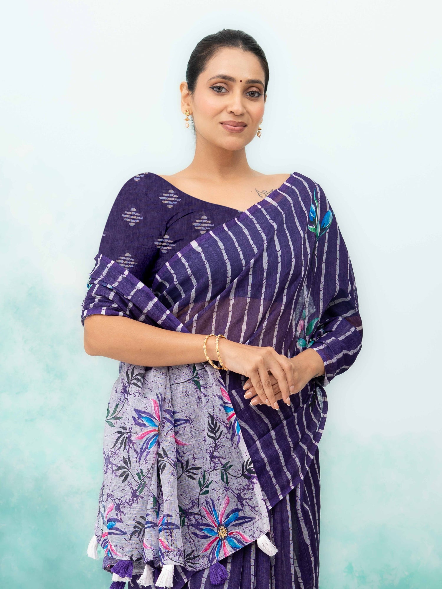 Navy Blue Cotton Linen Saree