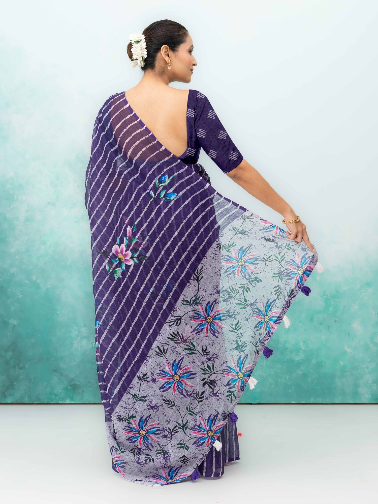 Navy Blue Cotton Linen Saree
