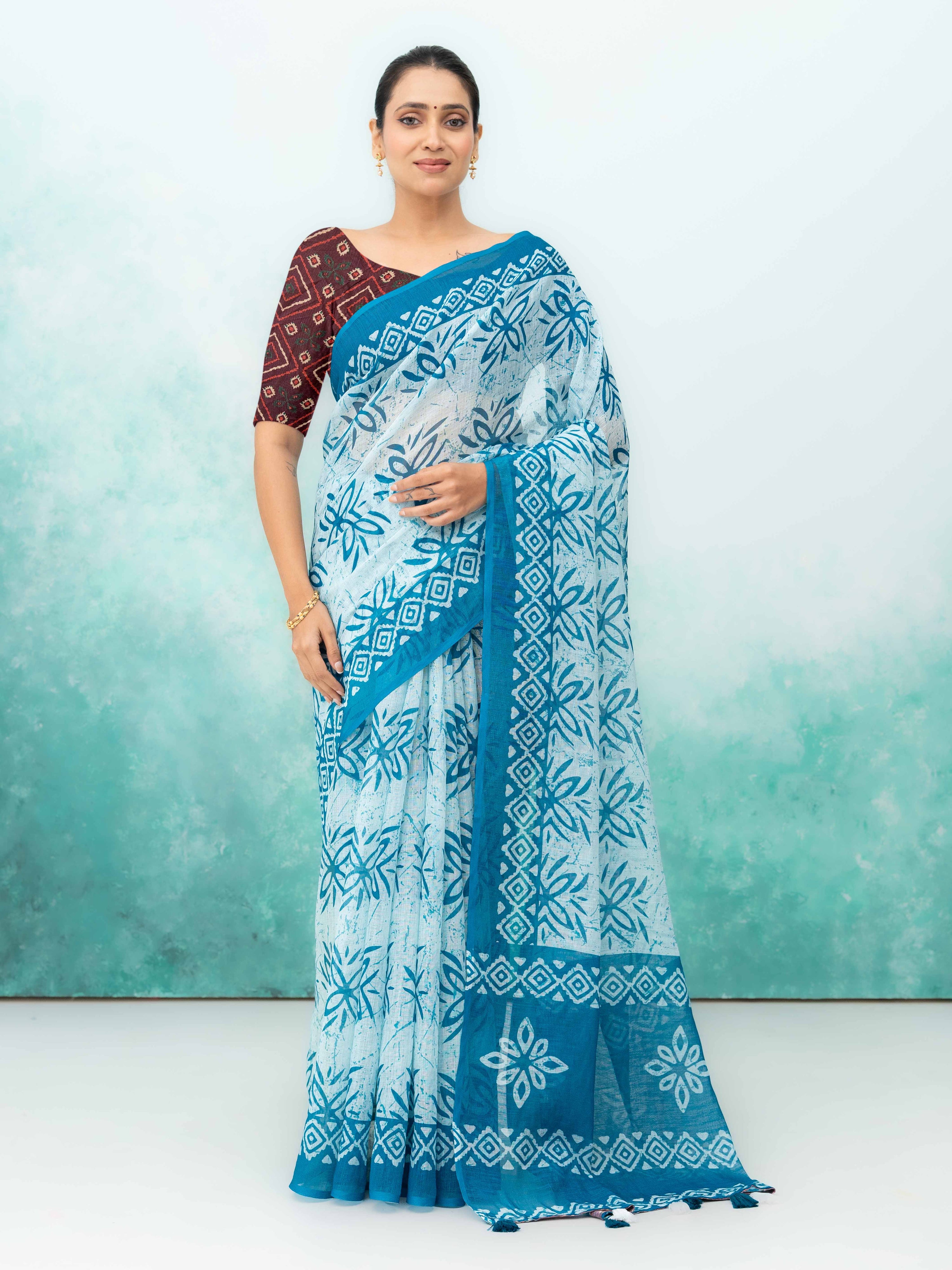 Blue Cotton Linen Saree