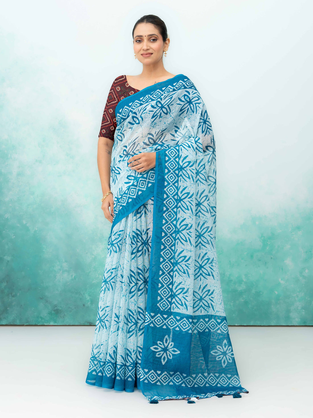 Blue Cotton Linen Saree