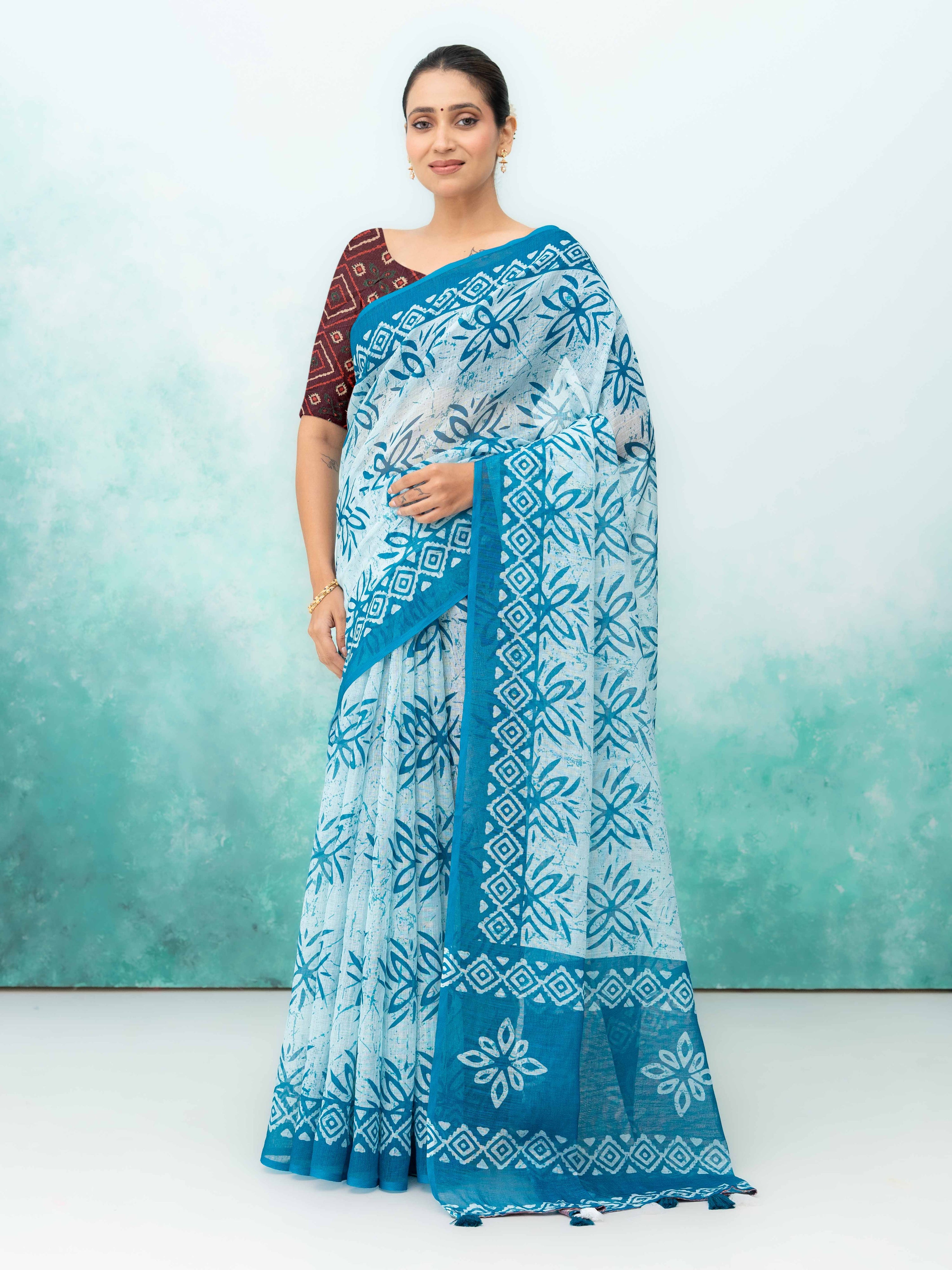 Blue Cotton Linen Saree