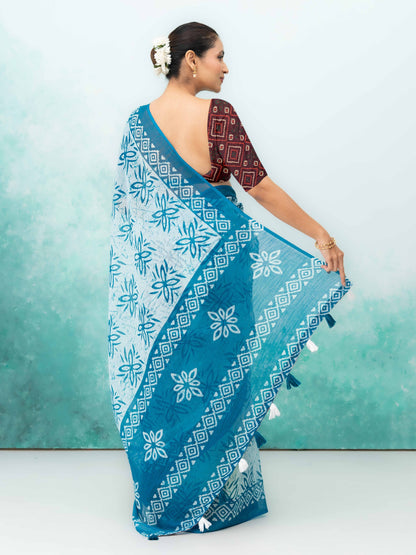 Blue Cotton Linen Saree