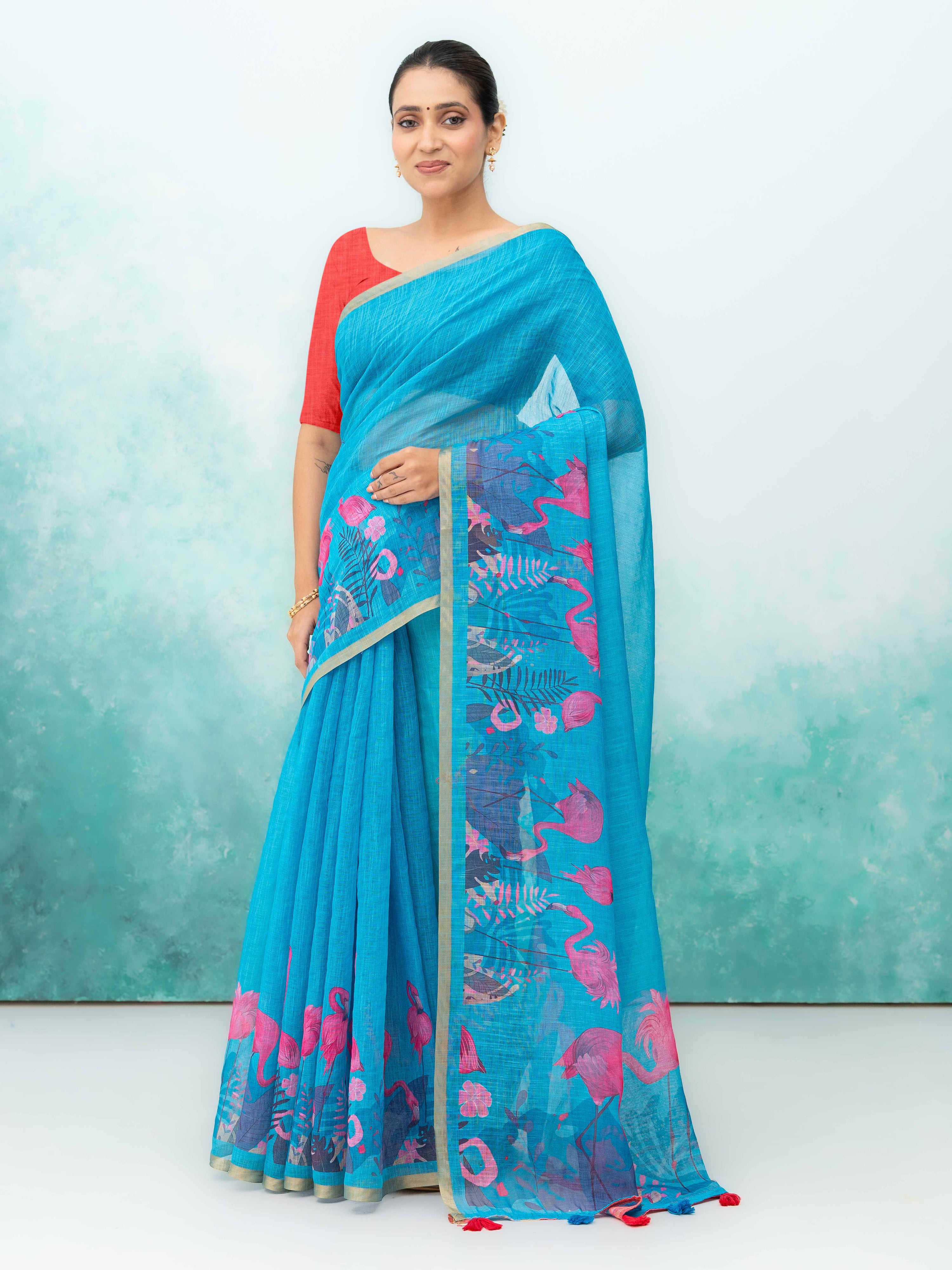 Blue Cotton Linen Saree