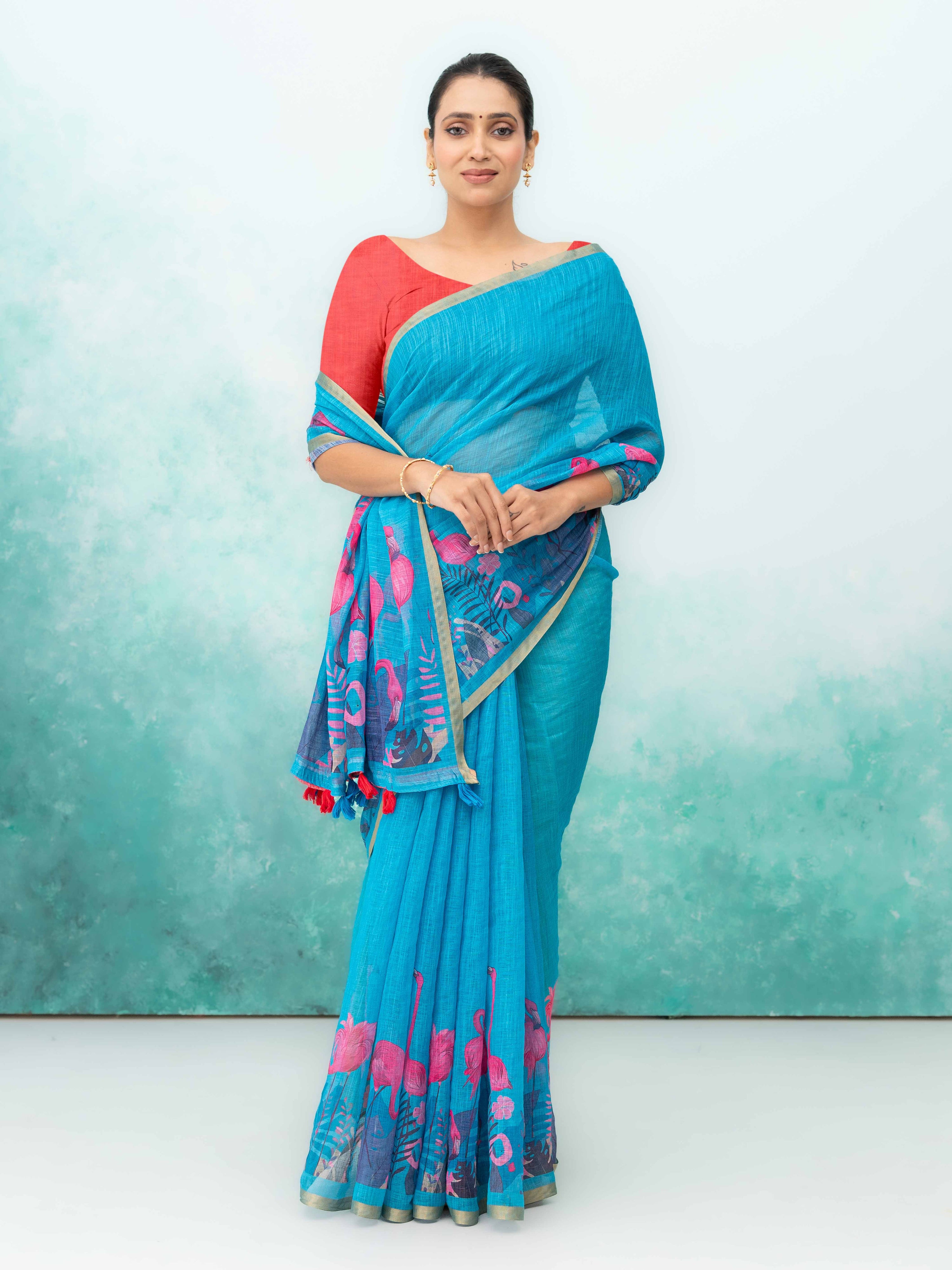 Blue Cotton Linen Saree