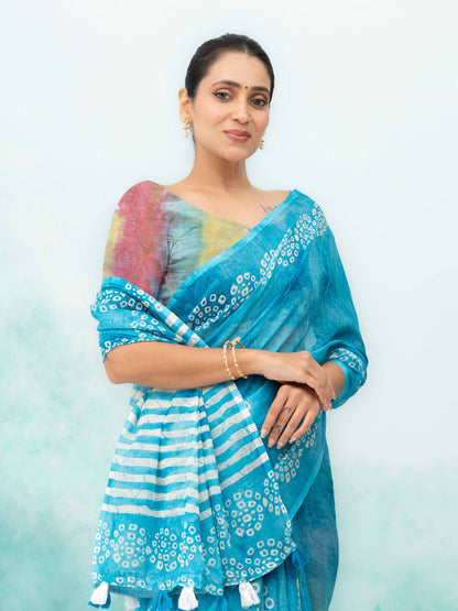 Blue Cotton Linen Saree
