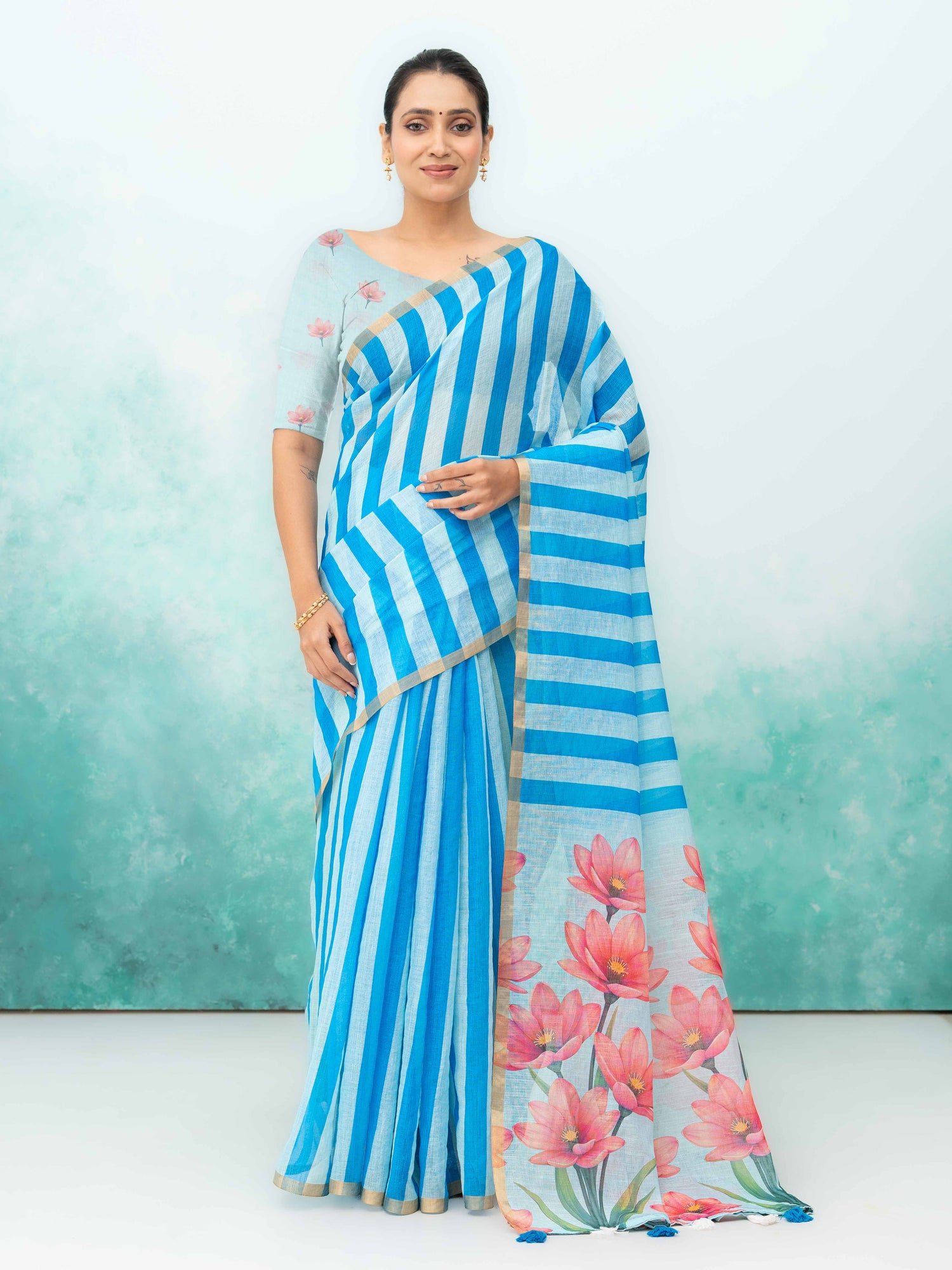 Blue Cotton Linen Saree