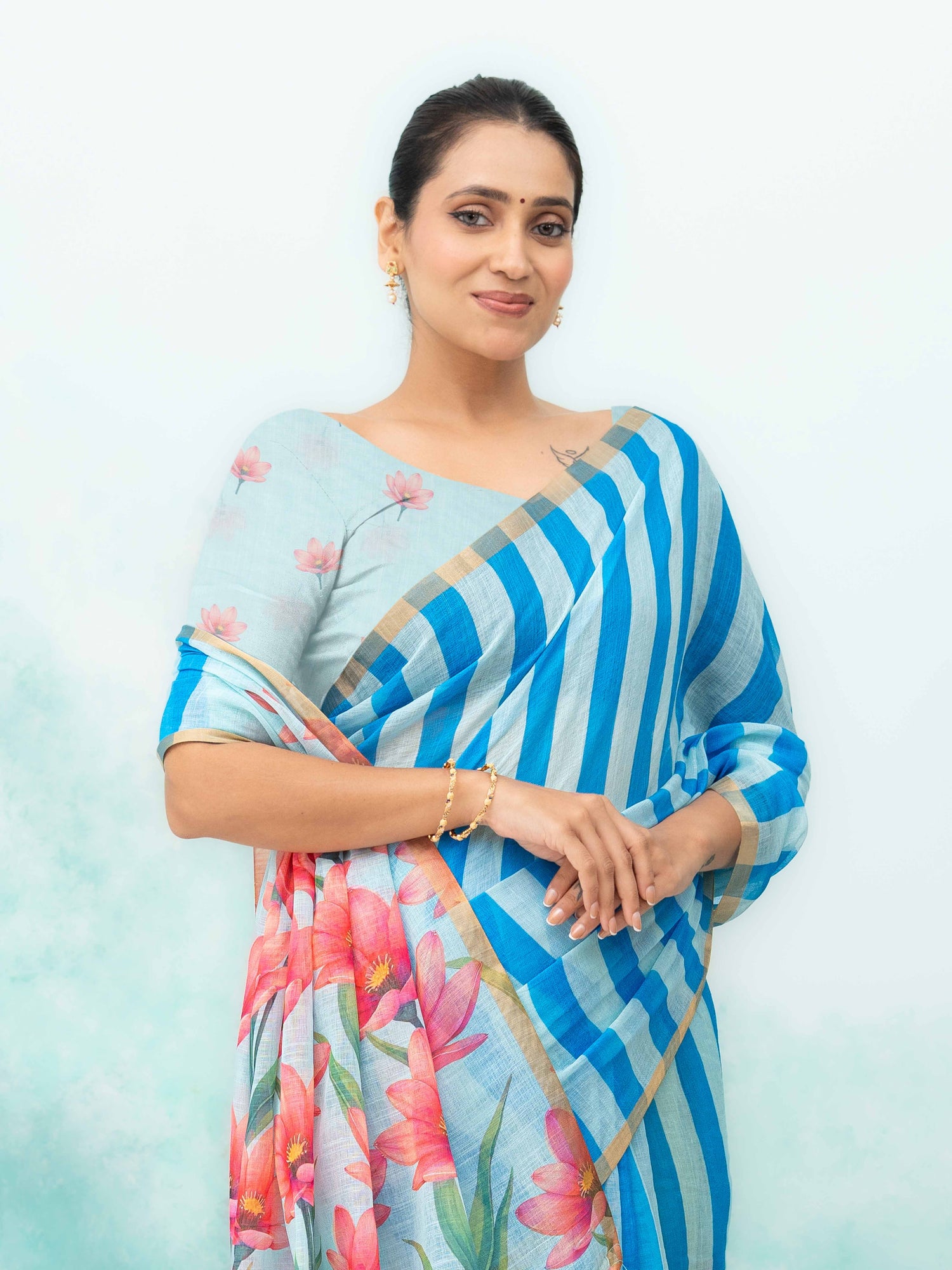 Blue Cotton Linen Saree