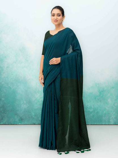 Navy Blue &amp; Dark Green Khadi Cotton Saree
