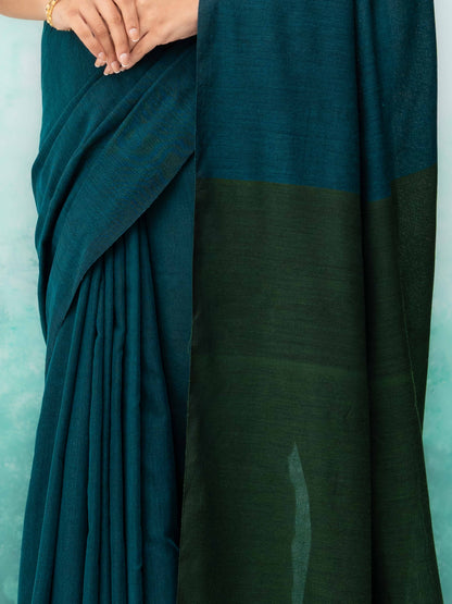 Navy Blue &amp; Dark Green Khadi Cotton Saree