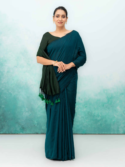 Navy Blue &amp; Dark Green Khadi Cotton Saree