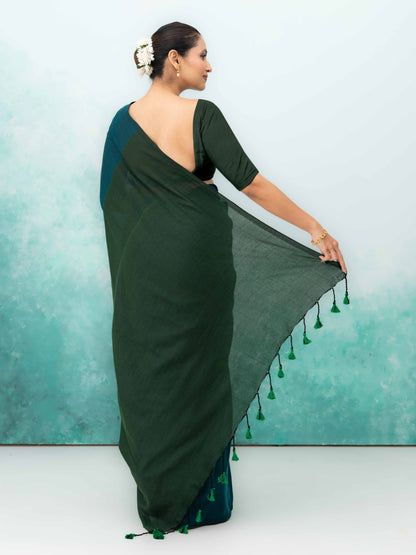 Navy Blue &amp; Dark Green Khadi Cotton Saree