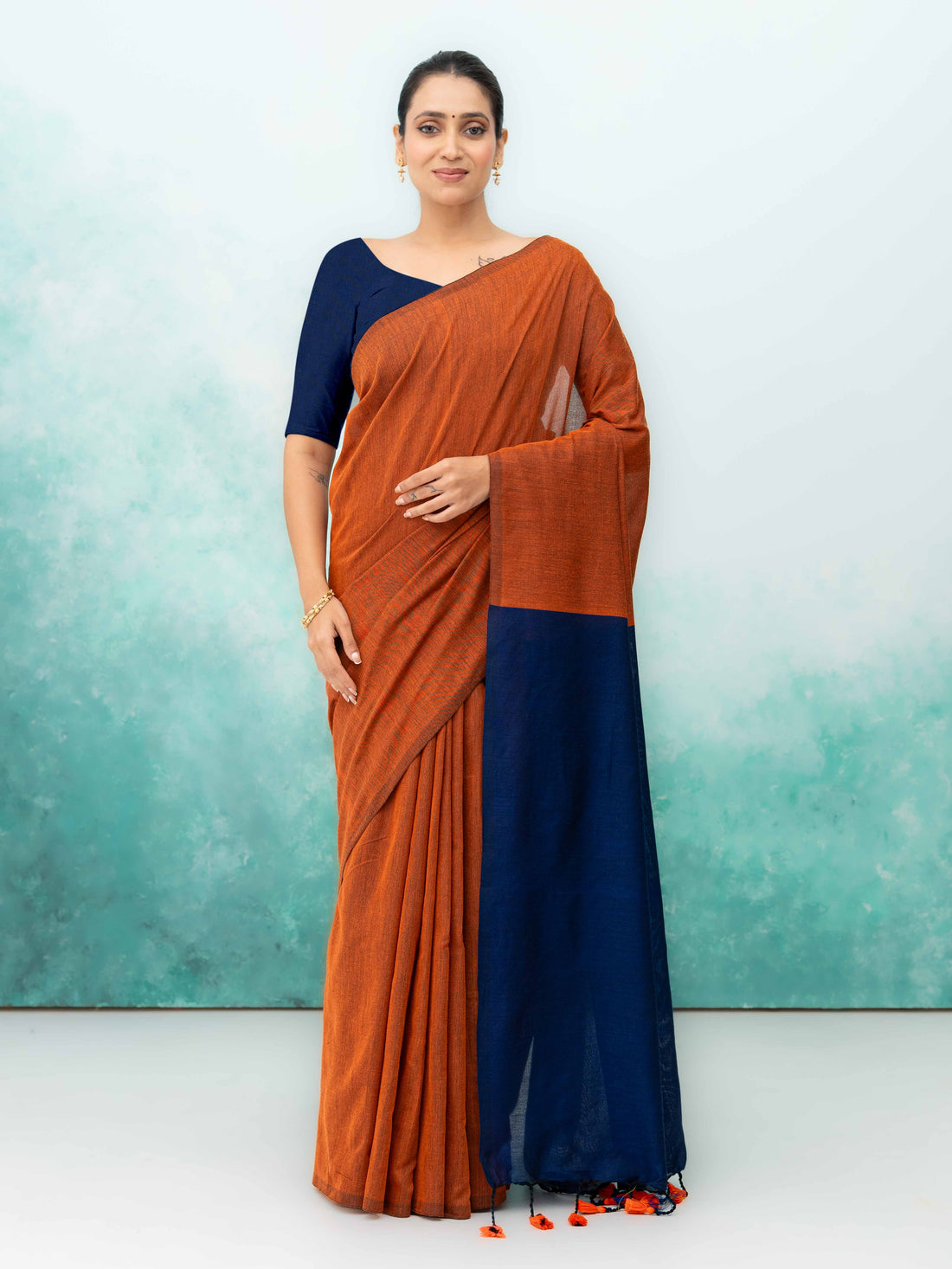 Navy Blue &amp; Rust Khadi Cotton Saree
