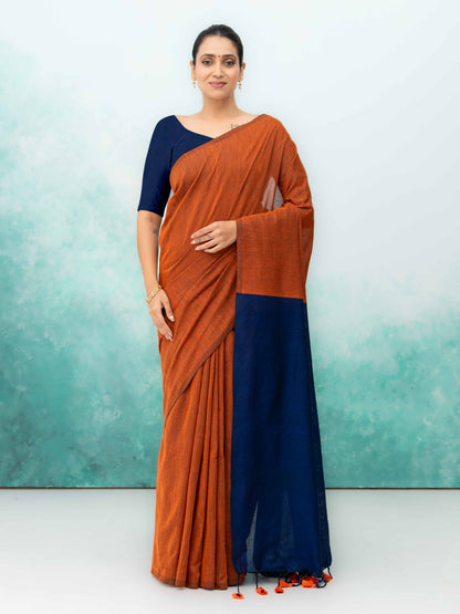 Navy Blue &amp; Rust Khadi Cotton Saree
