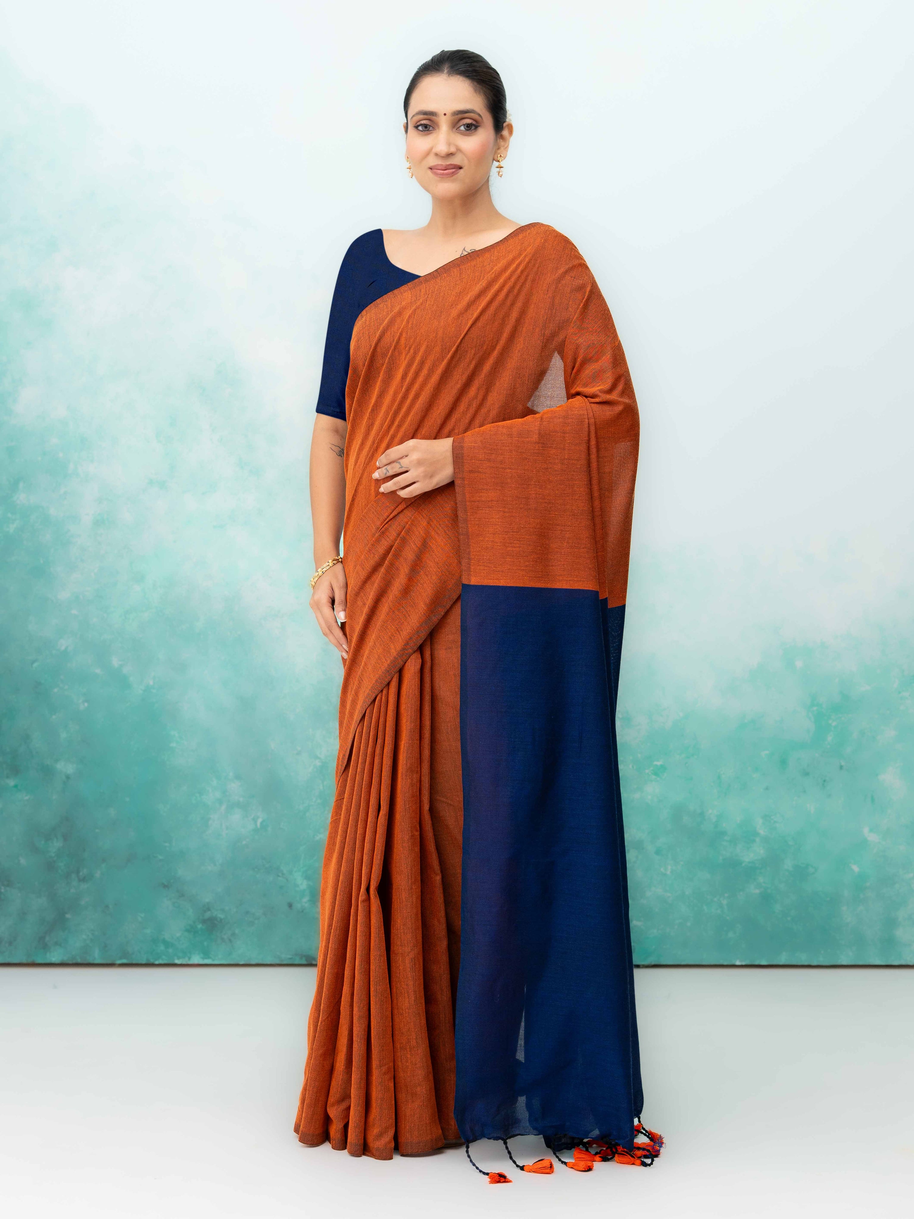 Navy Blue &amp; Rust Khadi Cotton Saree