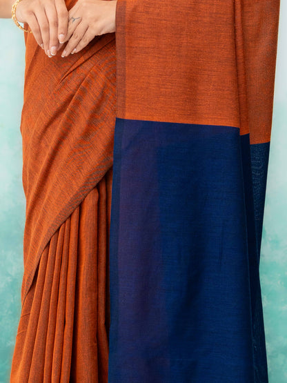Navy Blue &amp; Rust Khadi Cotton Saree