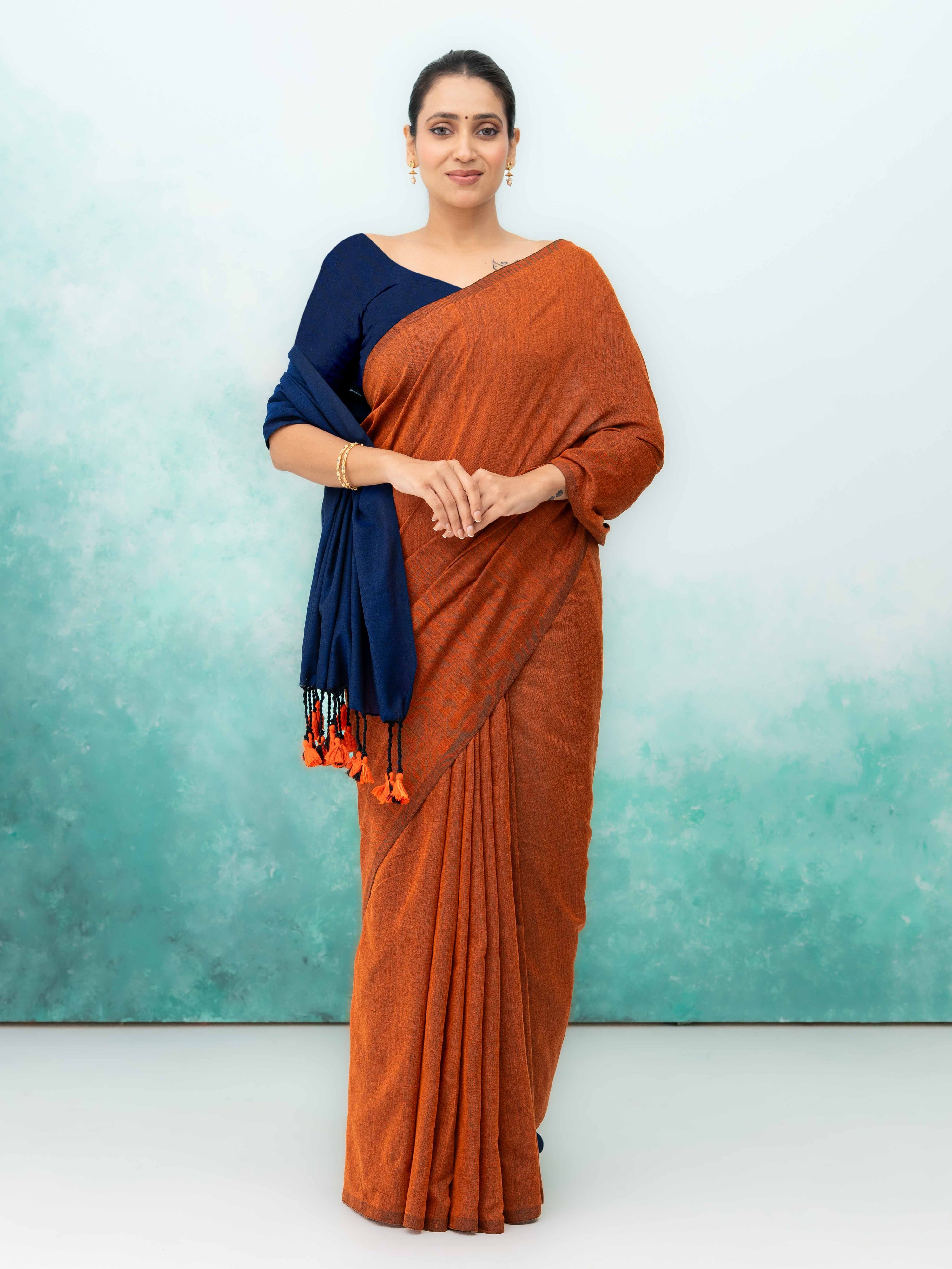 Navy Blue &amp; Rust Khadi Cotton Saree
