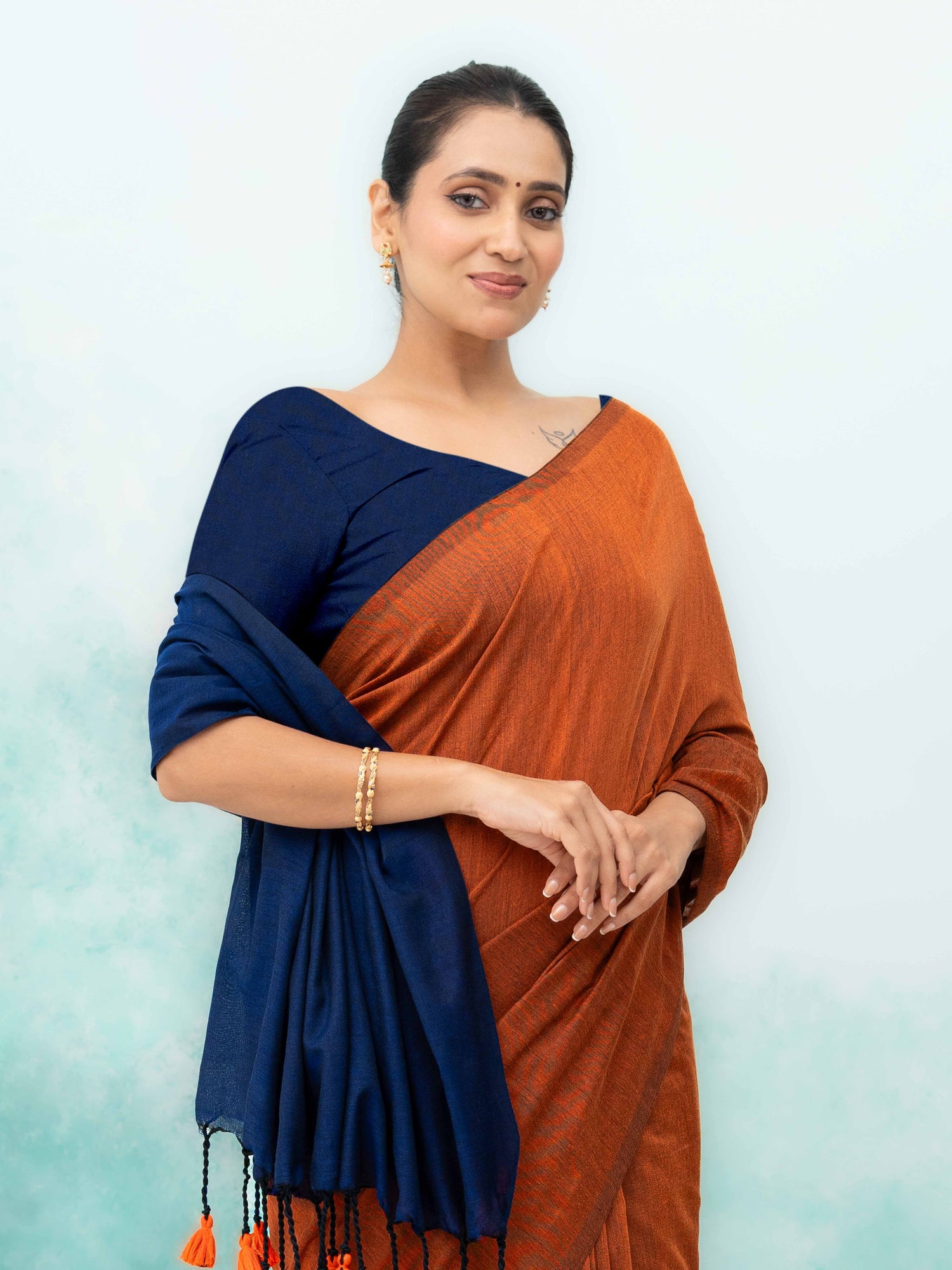 Navy Blue &amp; Rust Khadi Cotton Saree
