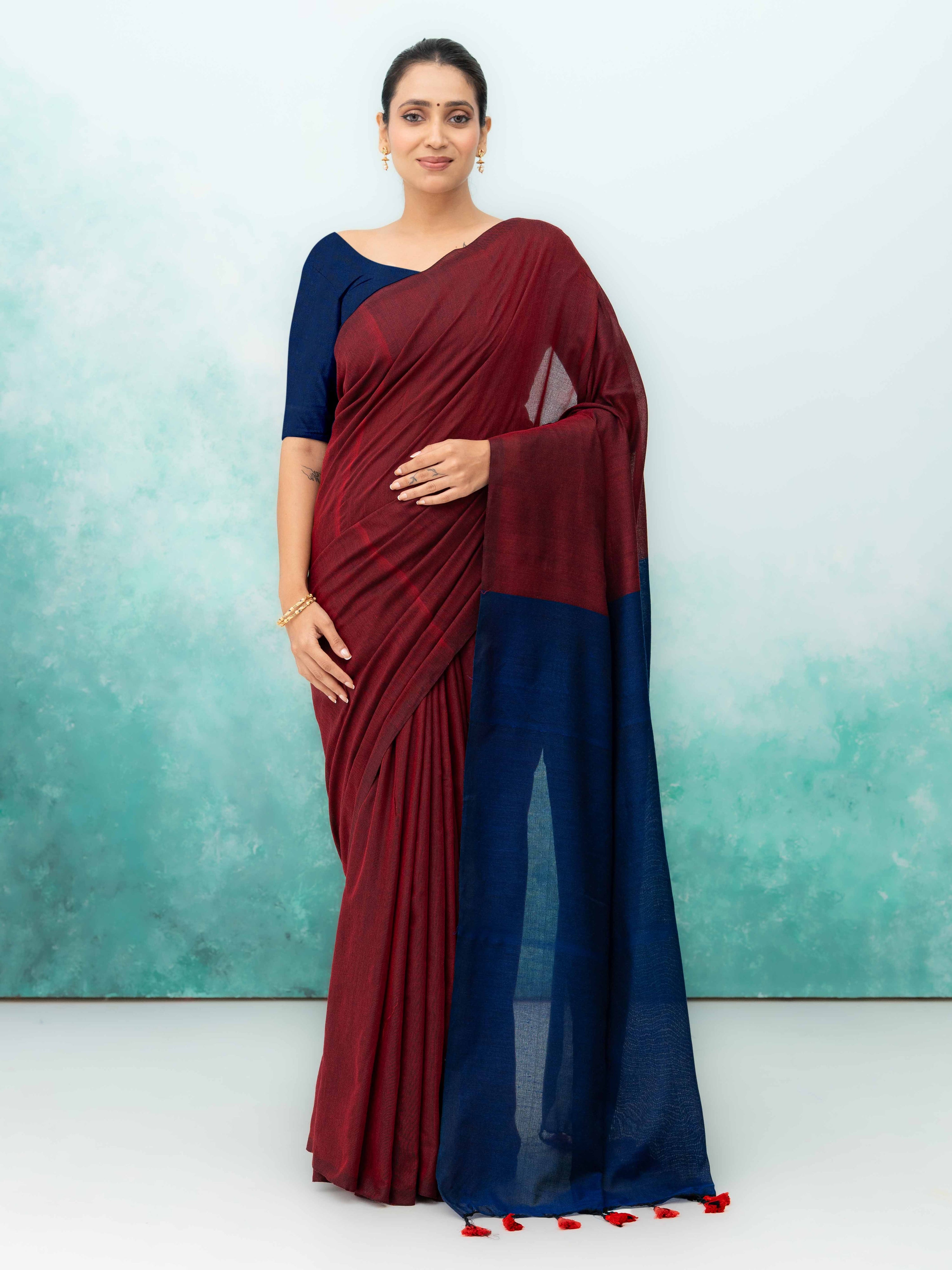 Navy Blue &amp; Maroon Khadi Cotton Saree