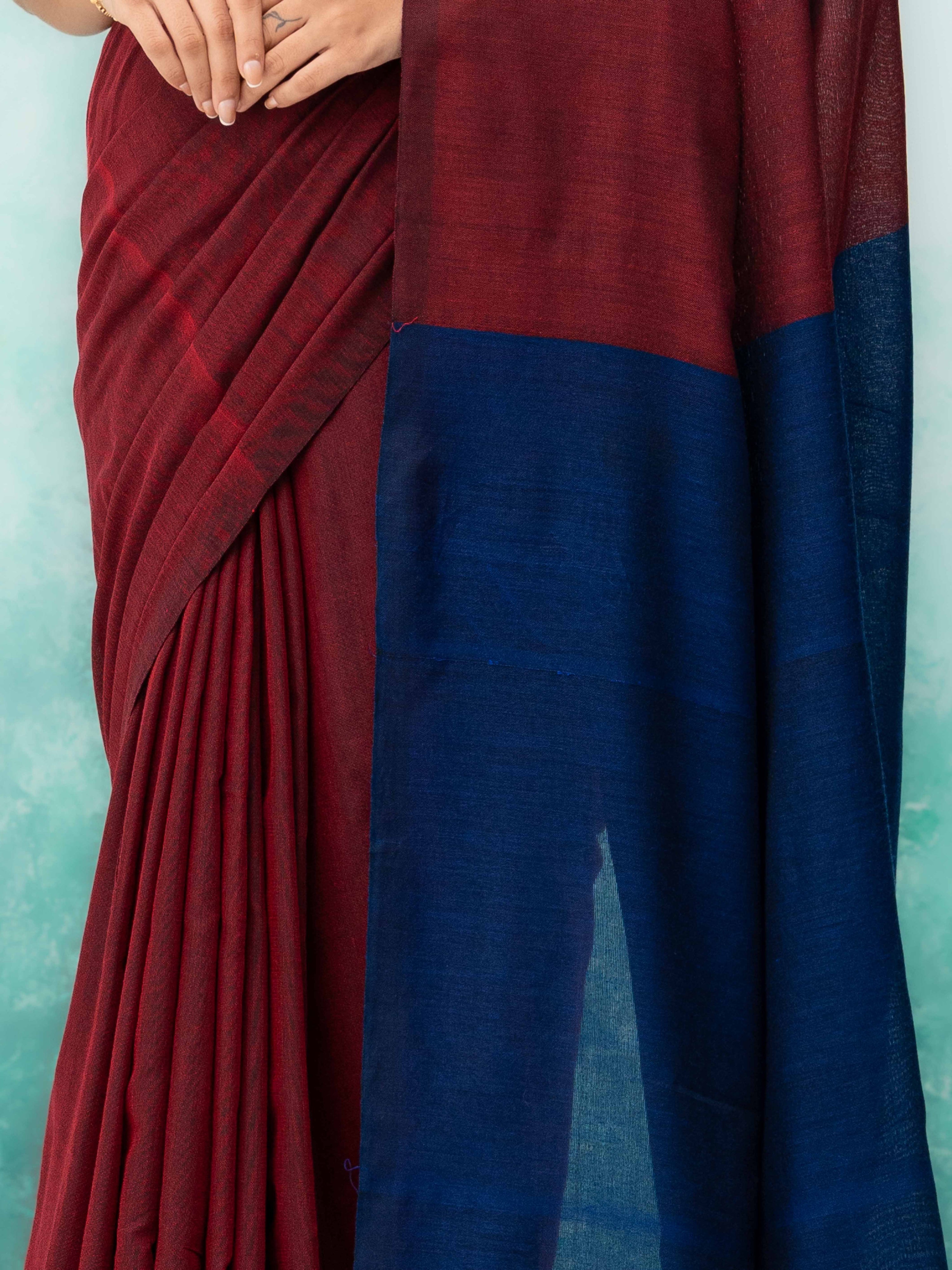 Navy Blue &amp; Maroon Khadi Cotton Saree