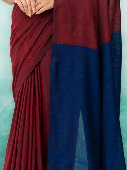 Navy Blue &amp; Maroon Khadi Cotton Saree