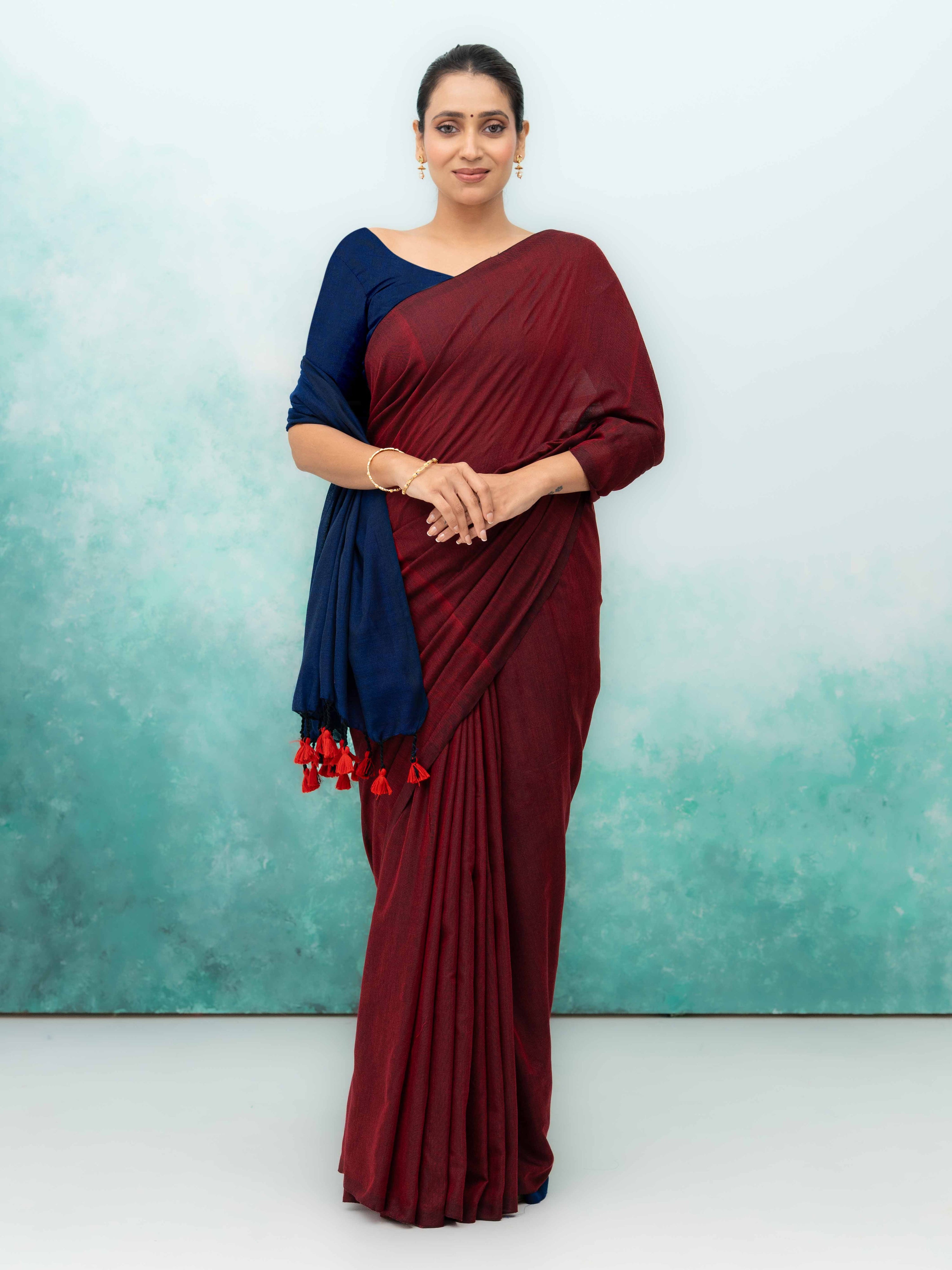Navy Blue &amp; Maroon Khadi Cotton Saree