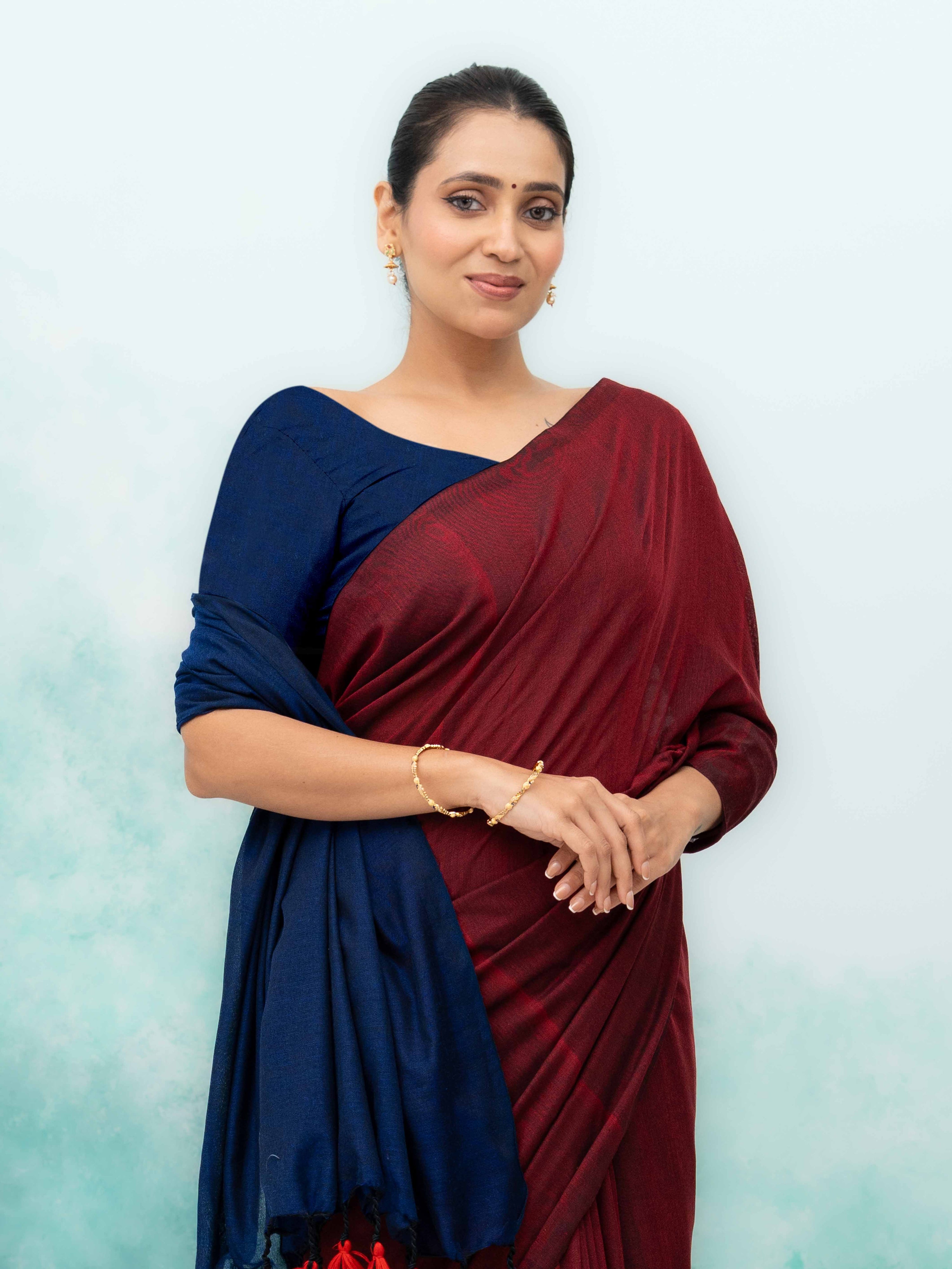 Navy Blue &amp; Maroon Khadi Cotton Saree
