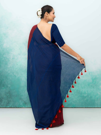 Navy Blue &amp; Maroon Khadi Cotton Saree