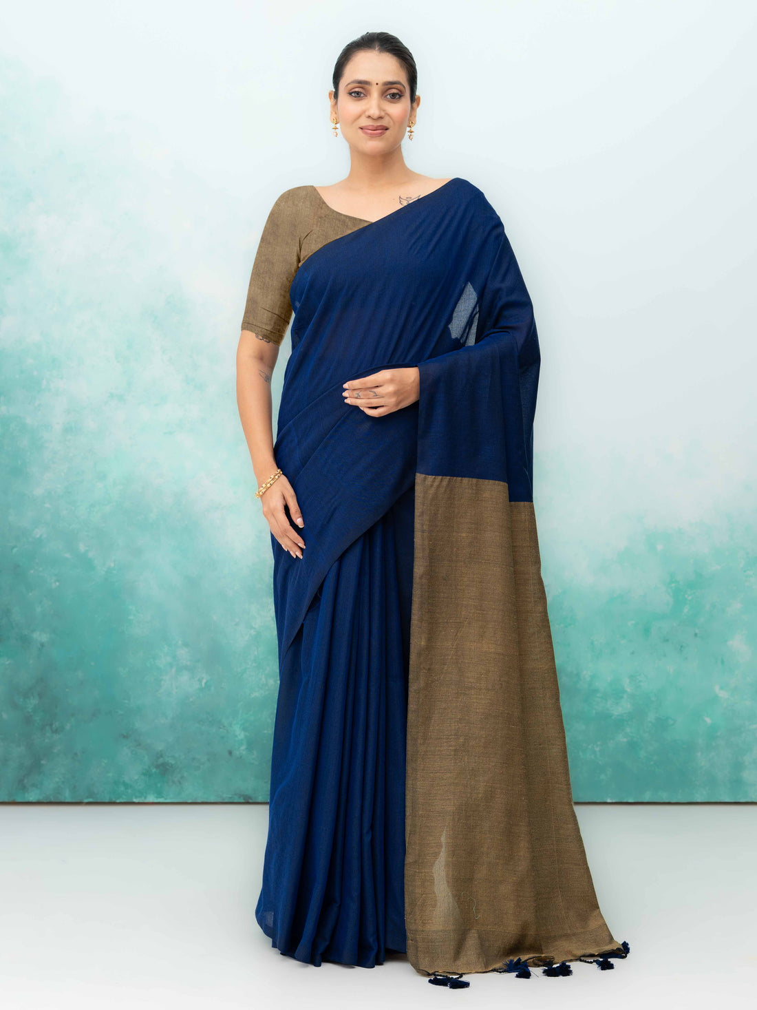 Navy Blue &amp; Brown Khadi Cotton Saree