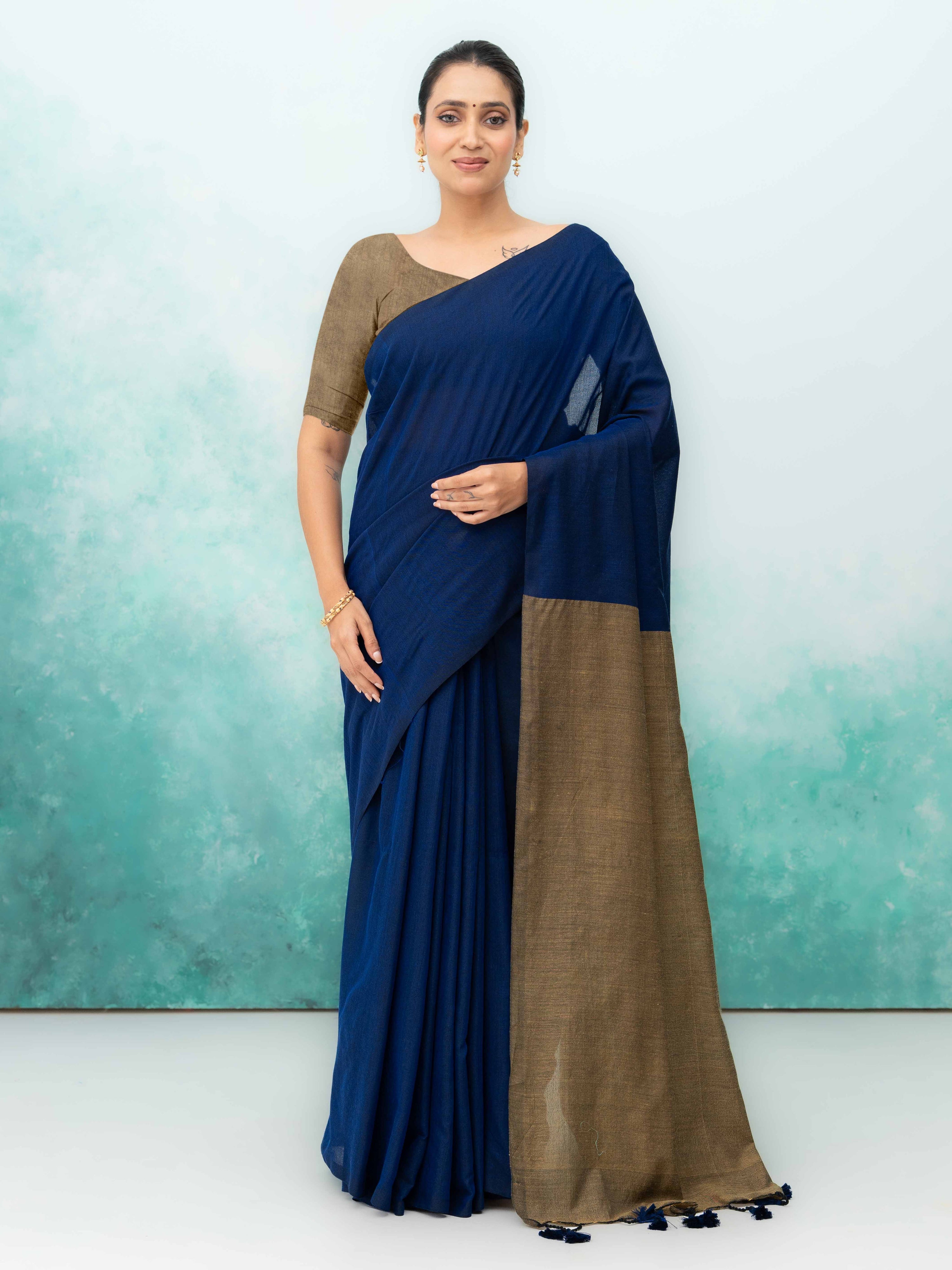 Navy Blue &amp; Brown Khadi Cotton Saree