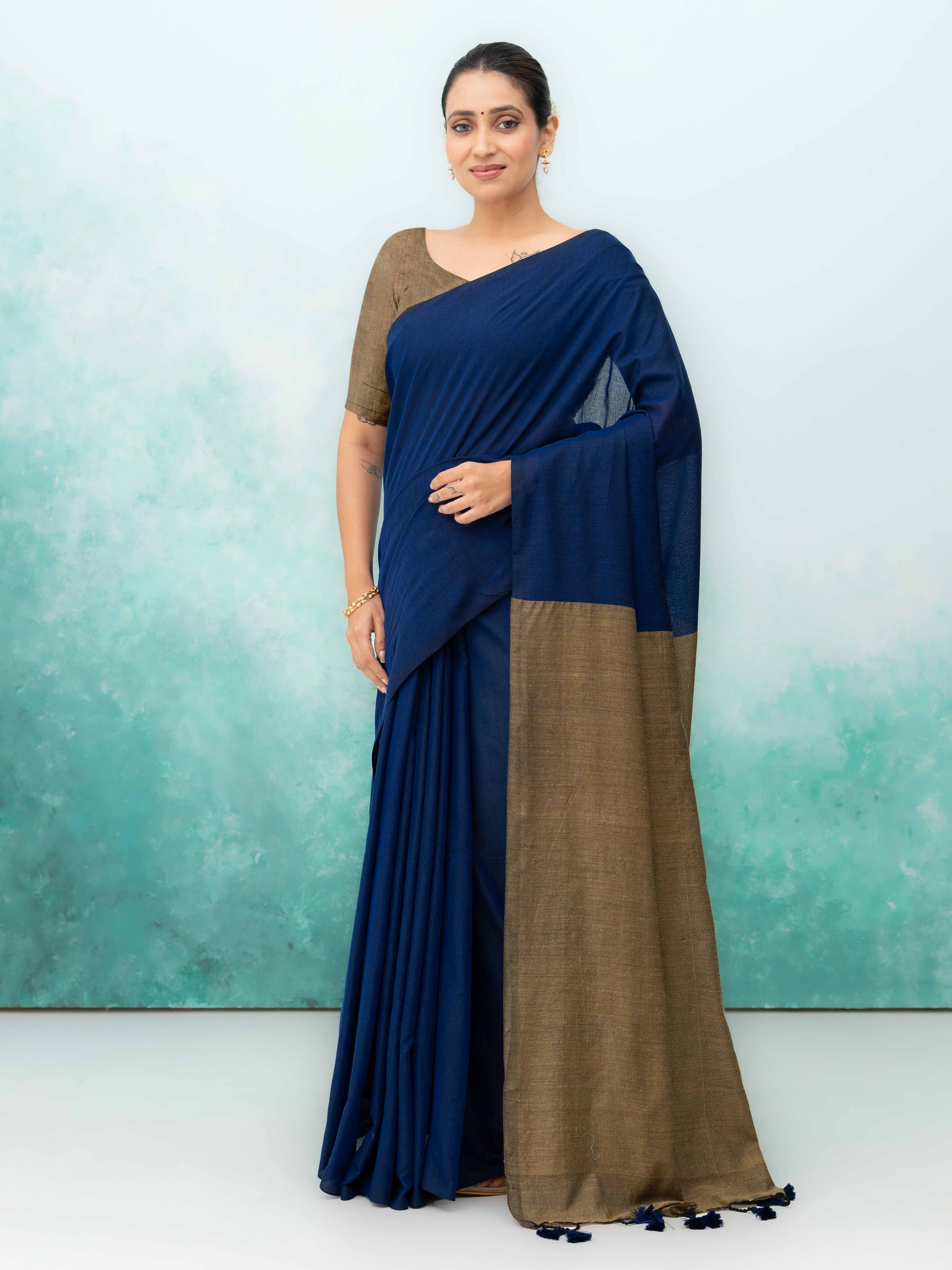 Navy Blue &amp; Brown Khadi Cotton Saree
