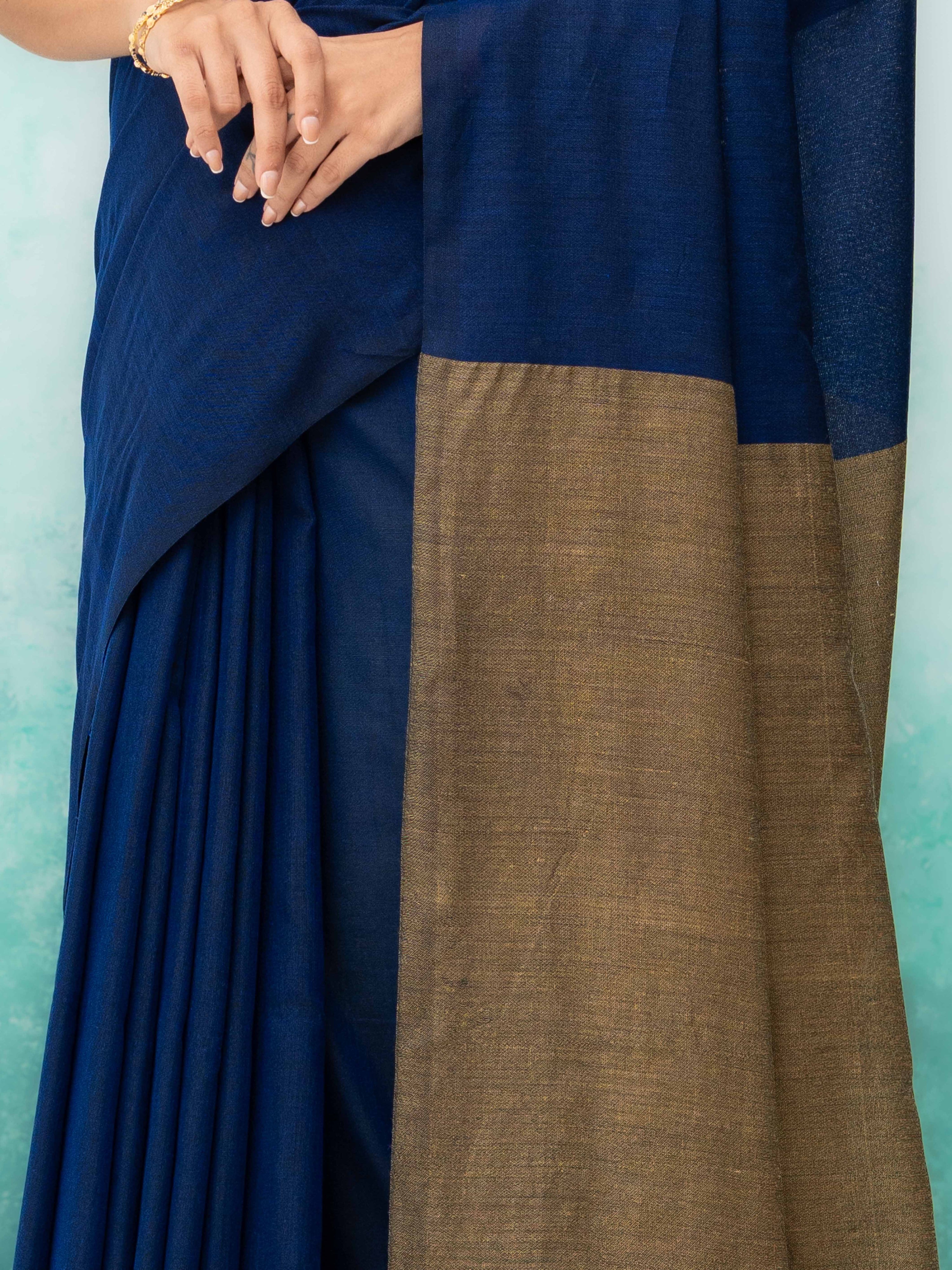 Navy Blue &amp; Brown Khadi Cotton Saree