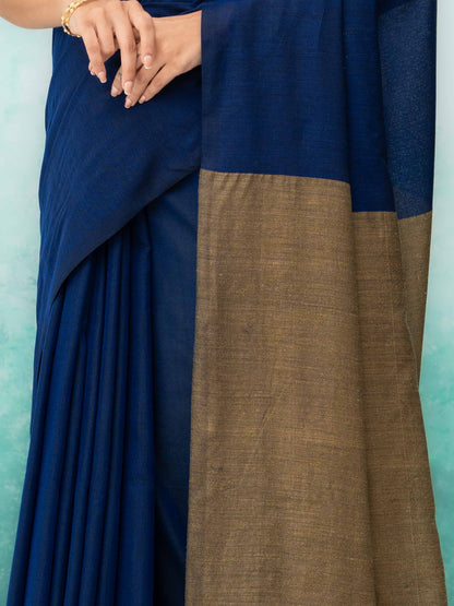 Navy Blue &amp; Brown Khadi Cotton Saree