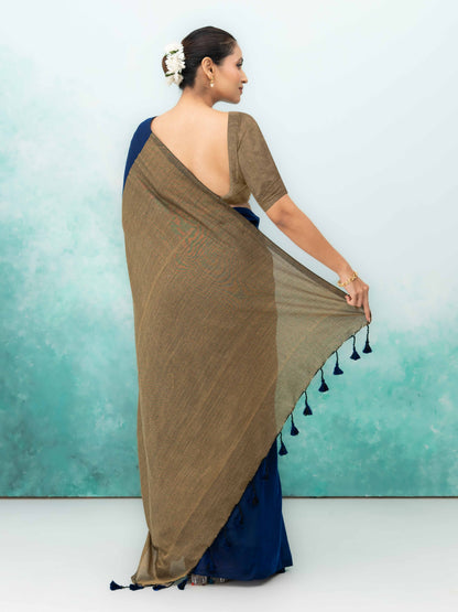 Navy Blue &amp; Brown Khadi Cotton Saree