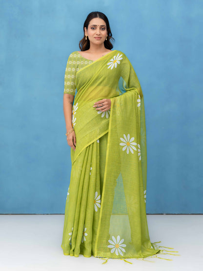 Light Green Cotton Linen Saree
