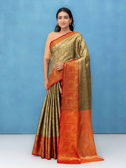 Golden Beige Kalamakari Silk Saree