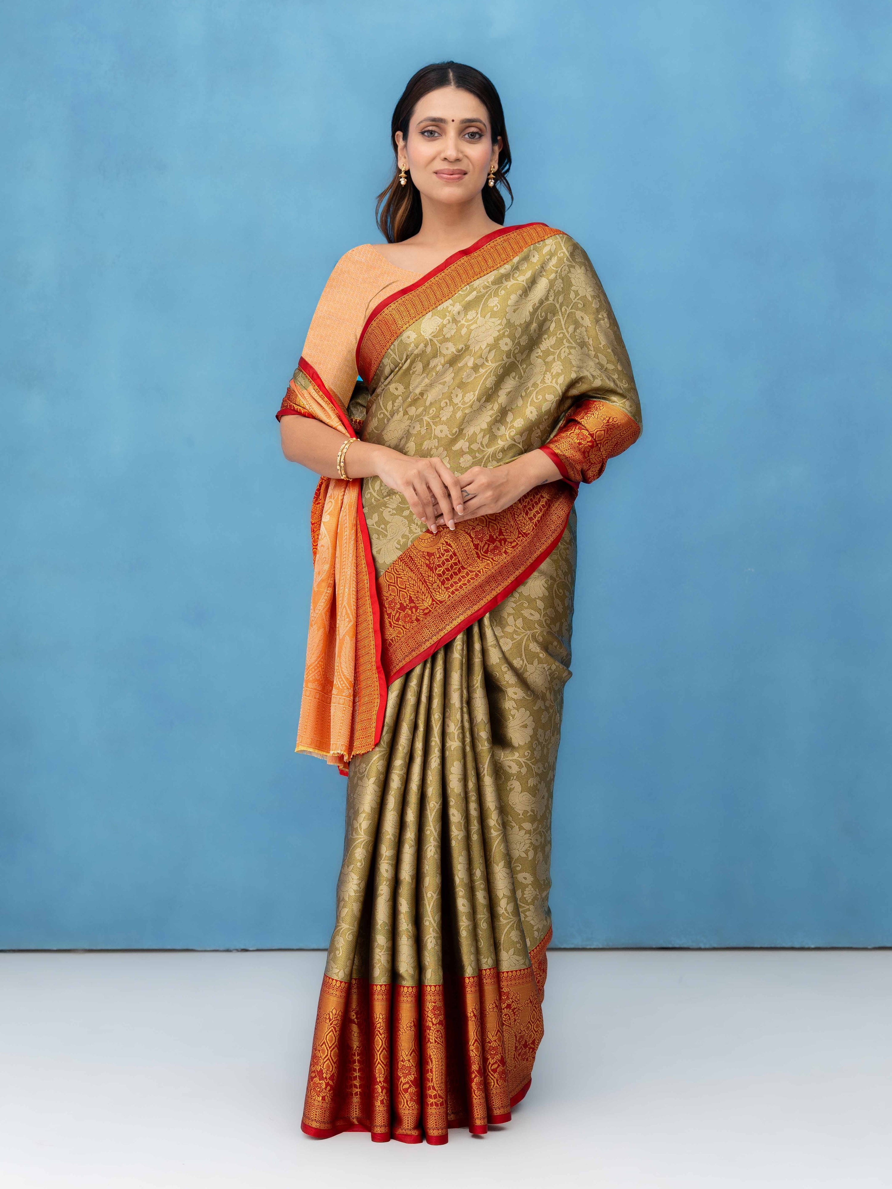 Golden Beige Kalamakari Silk Saree