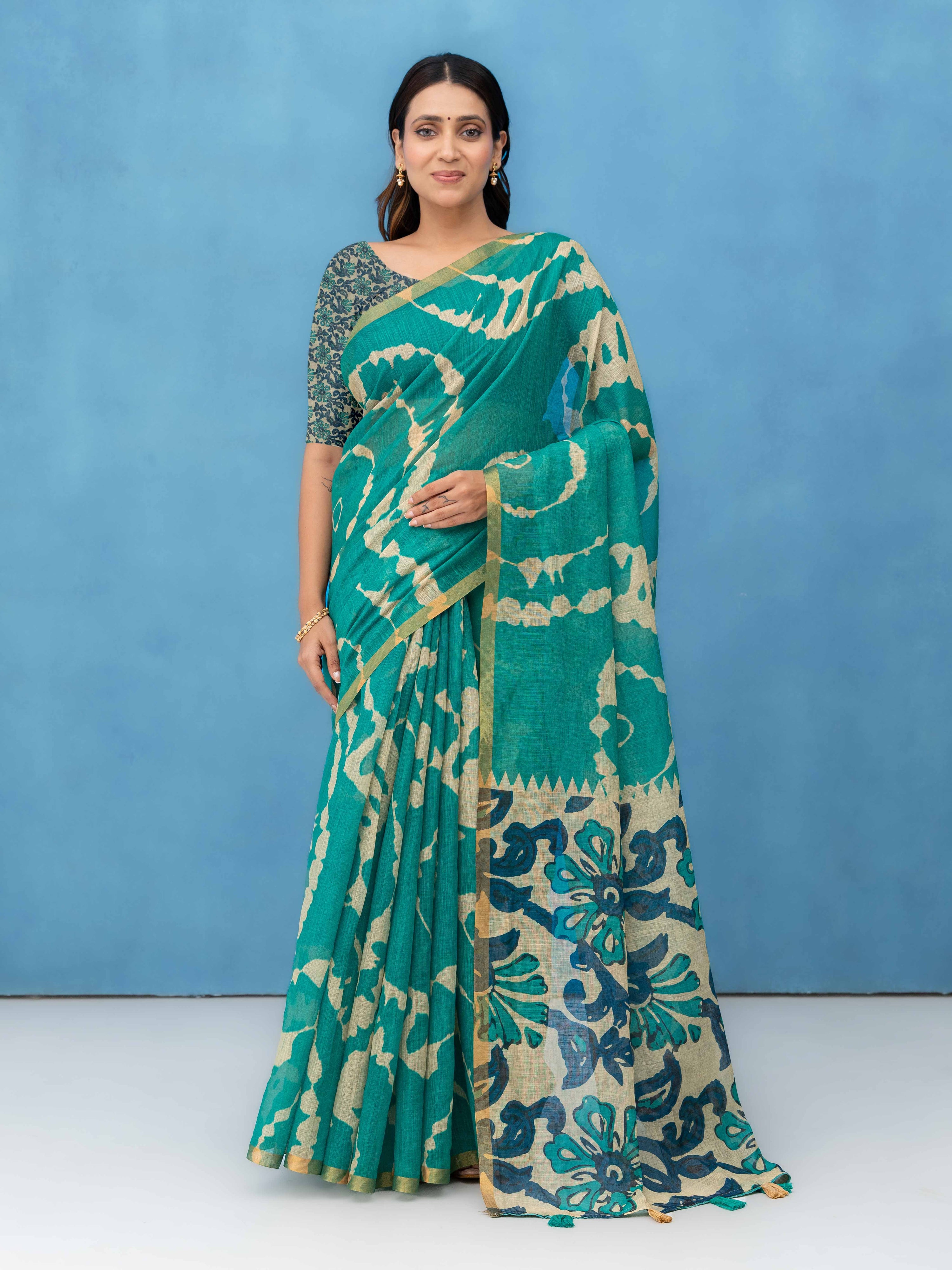 Green Cotton Linen Saree