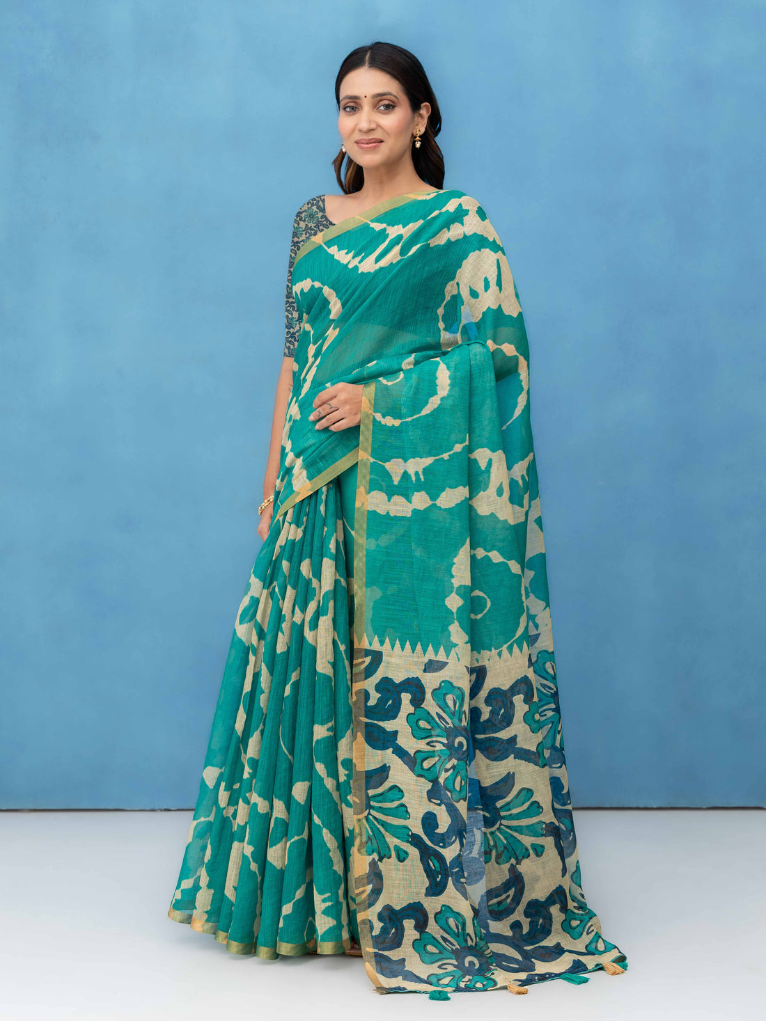 Green Cotton Linen Saree