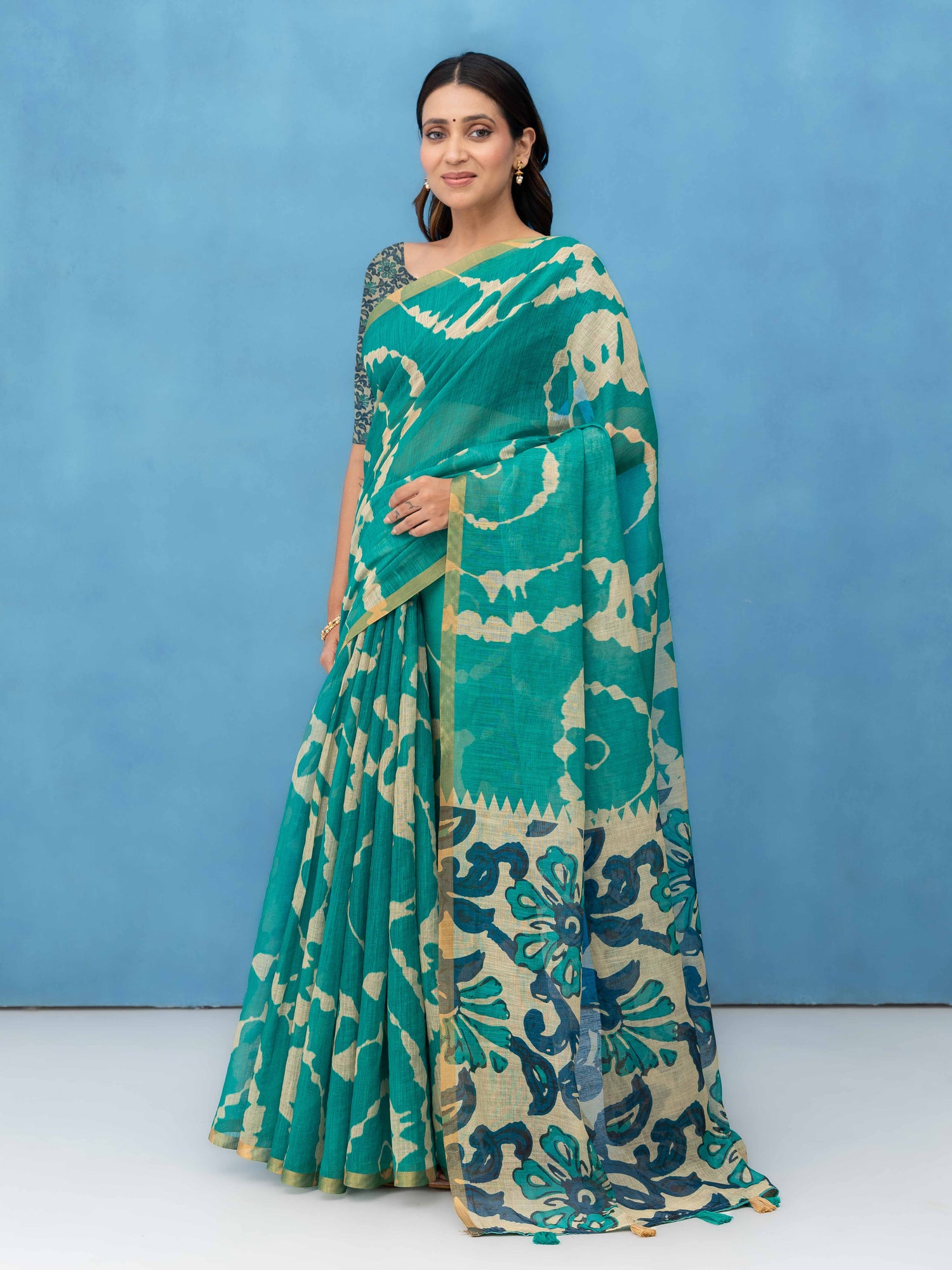 Green Cotton Linen Saree
