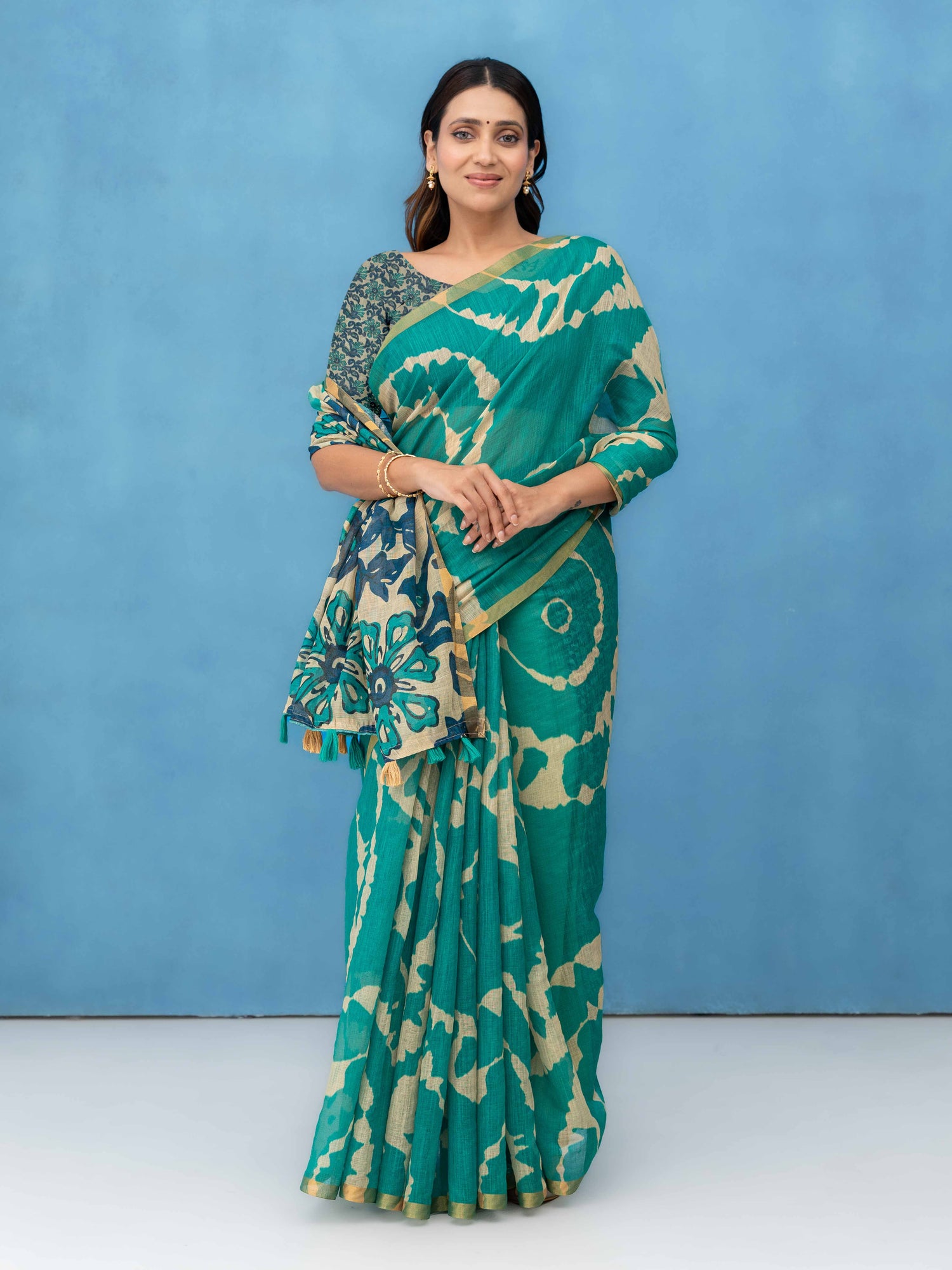 Green Cotton Linen Saree