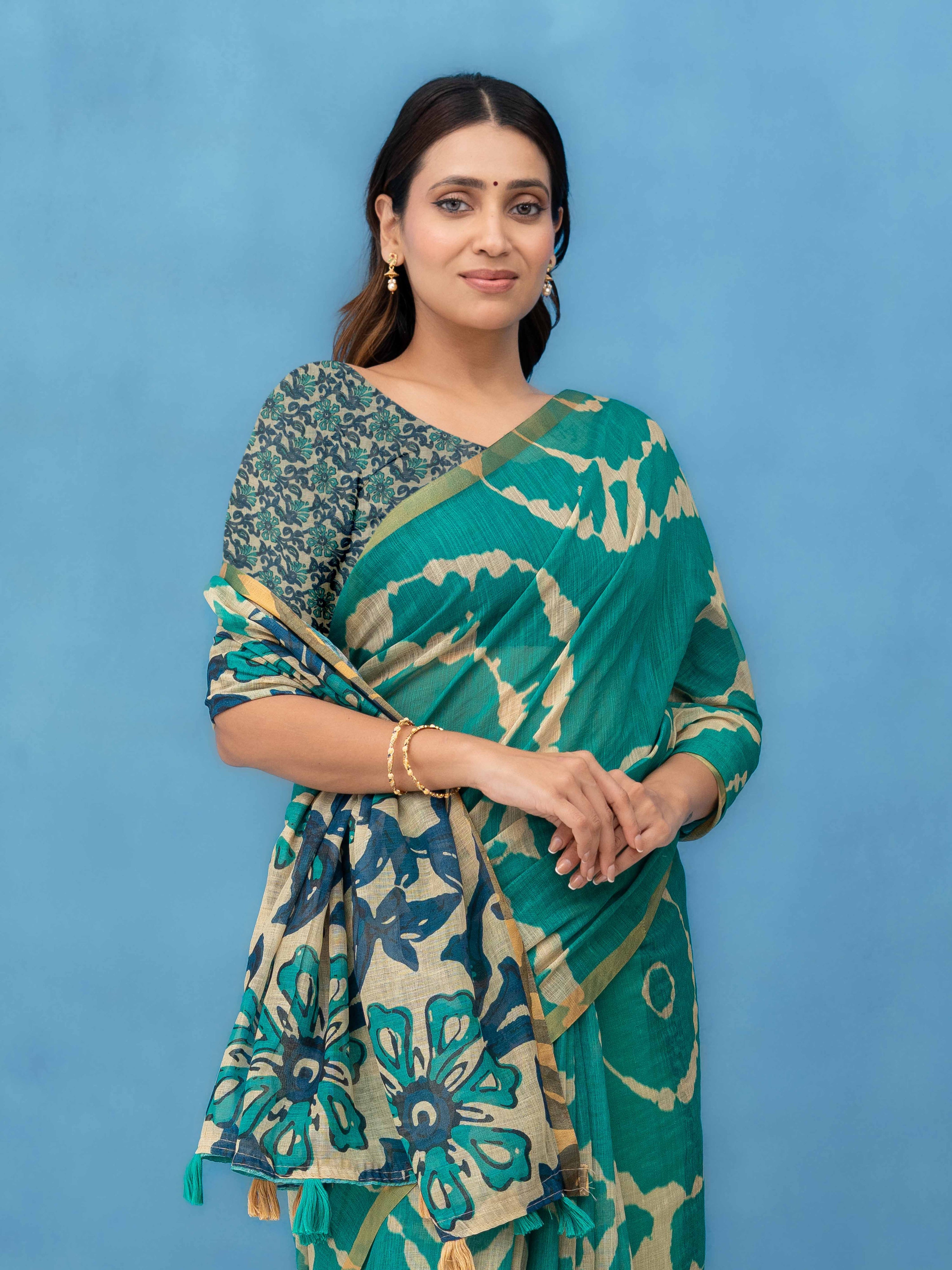 Green Cotton Linen Saree
