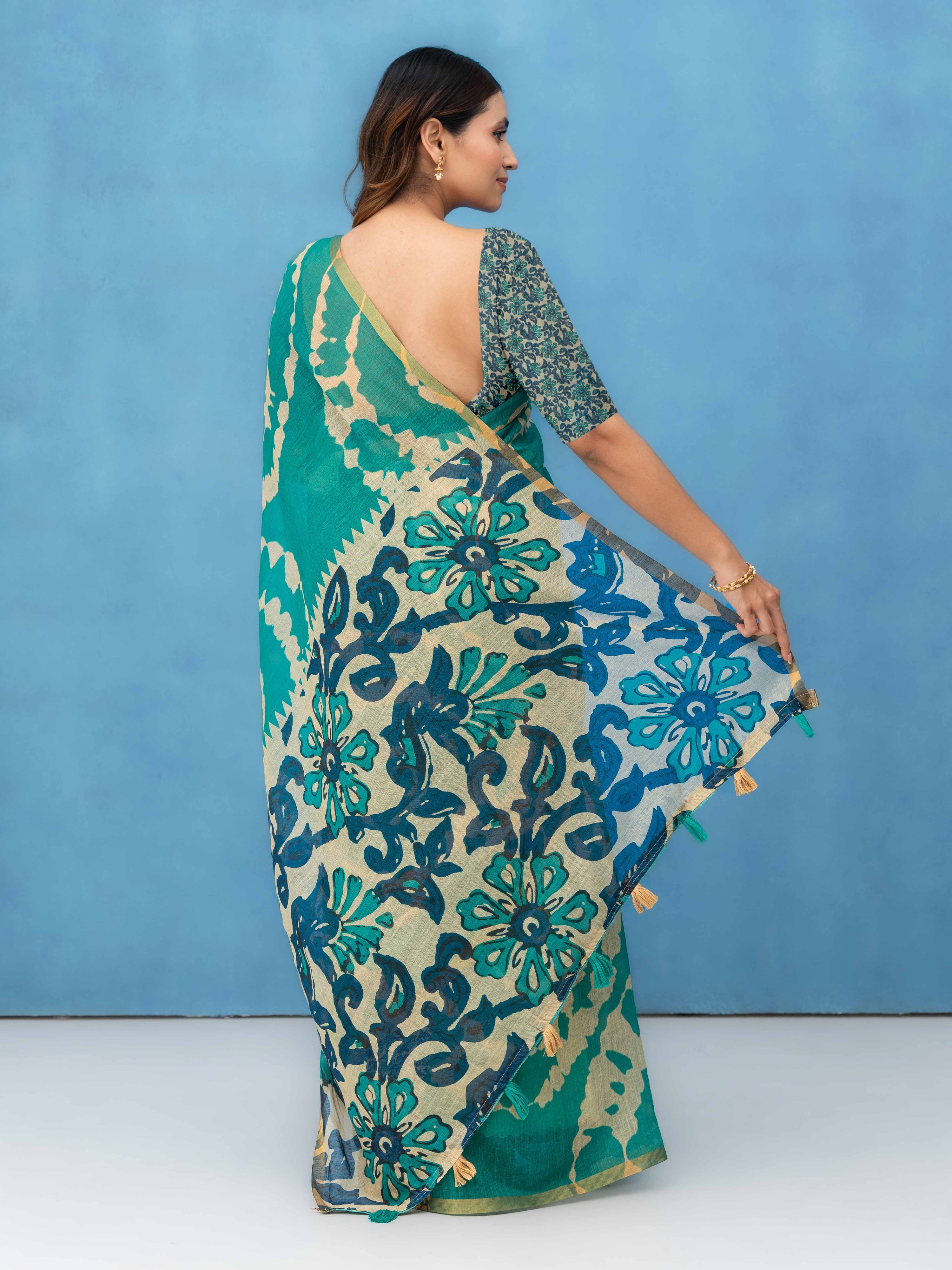 Green Cotton Linen Saree